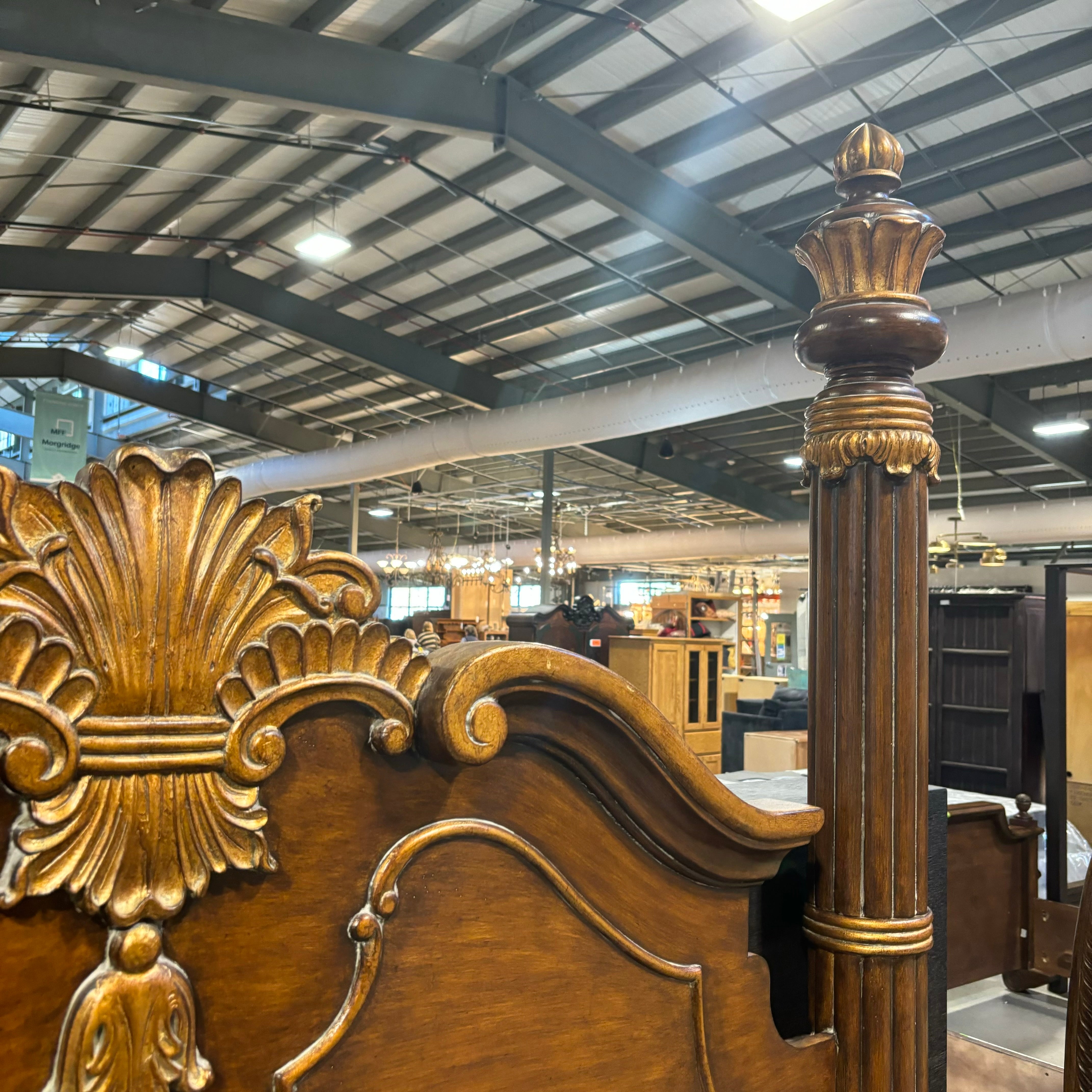 QUEEN Ornate Carved Solid Wood with Gold & Dark Brown Finish & Claw Feet Poster Bed 71"x 96"x 88"