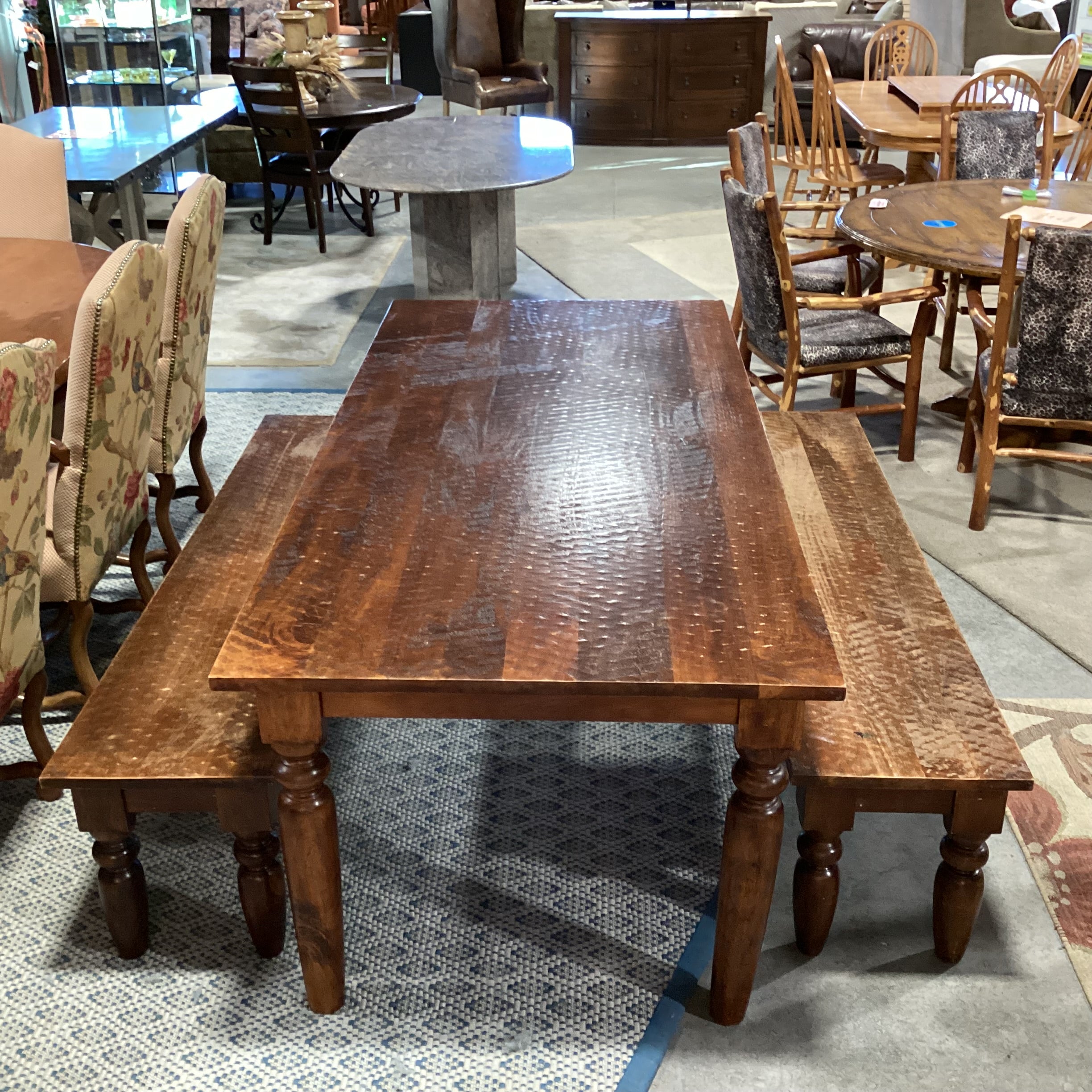 Divet Textured Distressed Solid Wood Table with 2 Benches Dining Set 82"x 38"x 30"