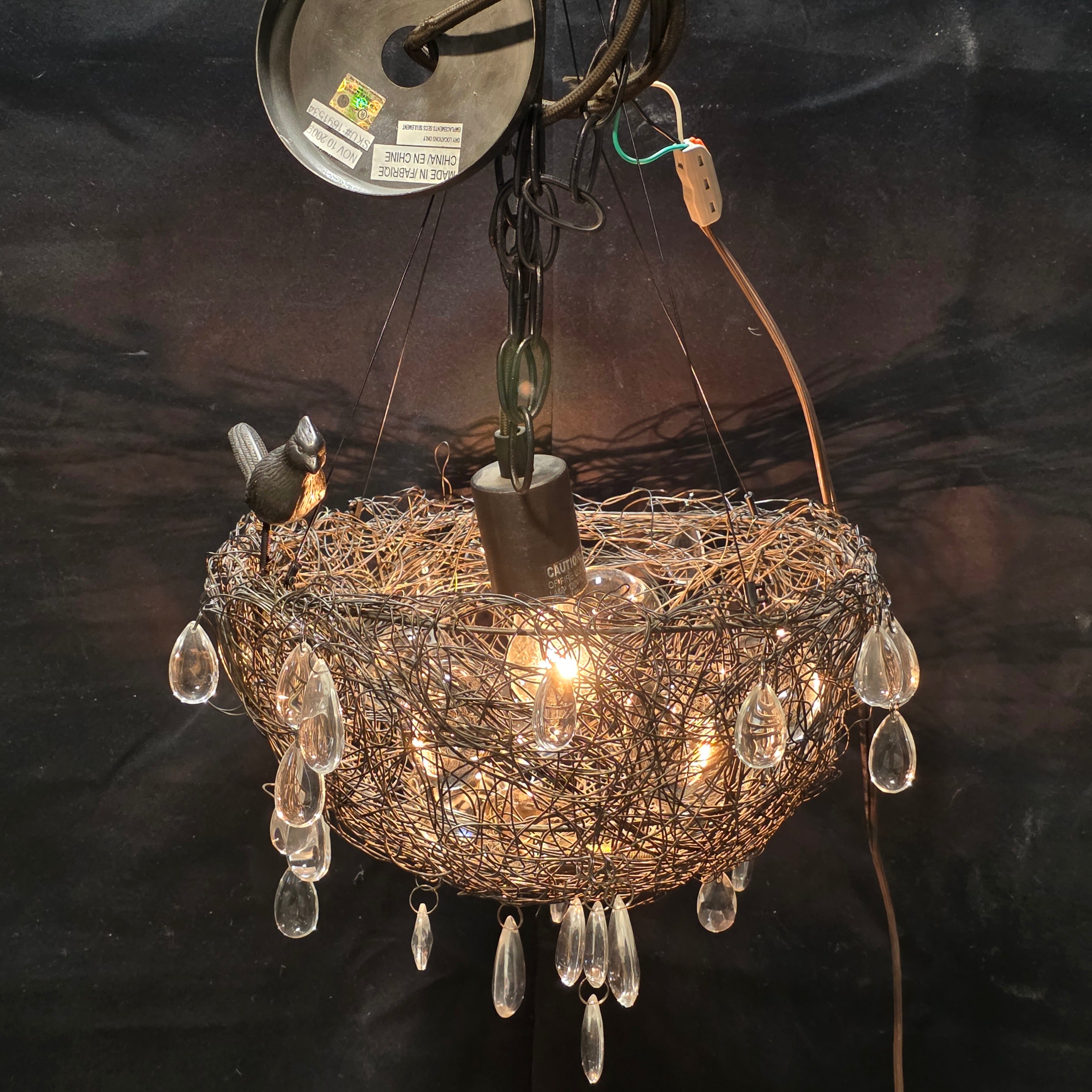 Cardinal Bird's Nest Chandelier with Glass Eggs and Glass Droplets 13"Dx8"