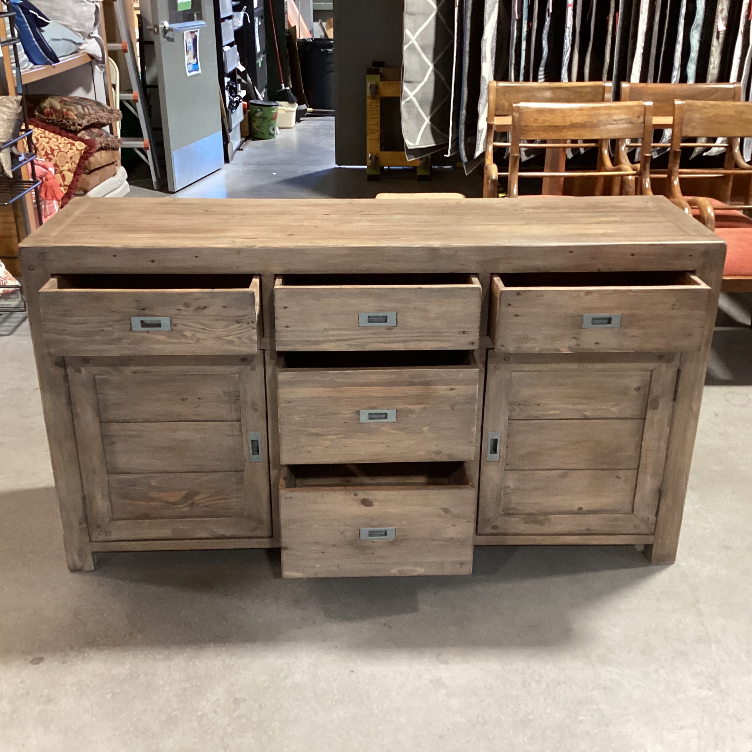 Rustic Reclaimed Wood Campaign Style 2 Door with Shelves 5 Drawer Sideboard 61"x 18"x 33.5"