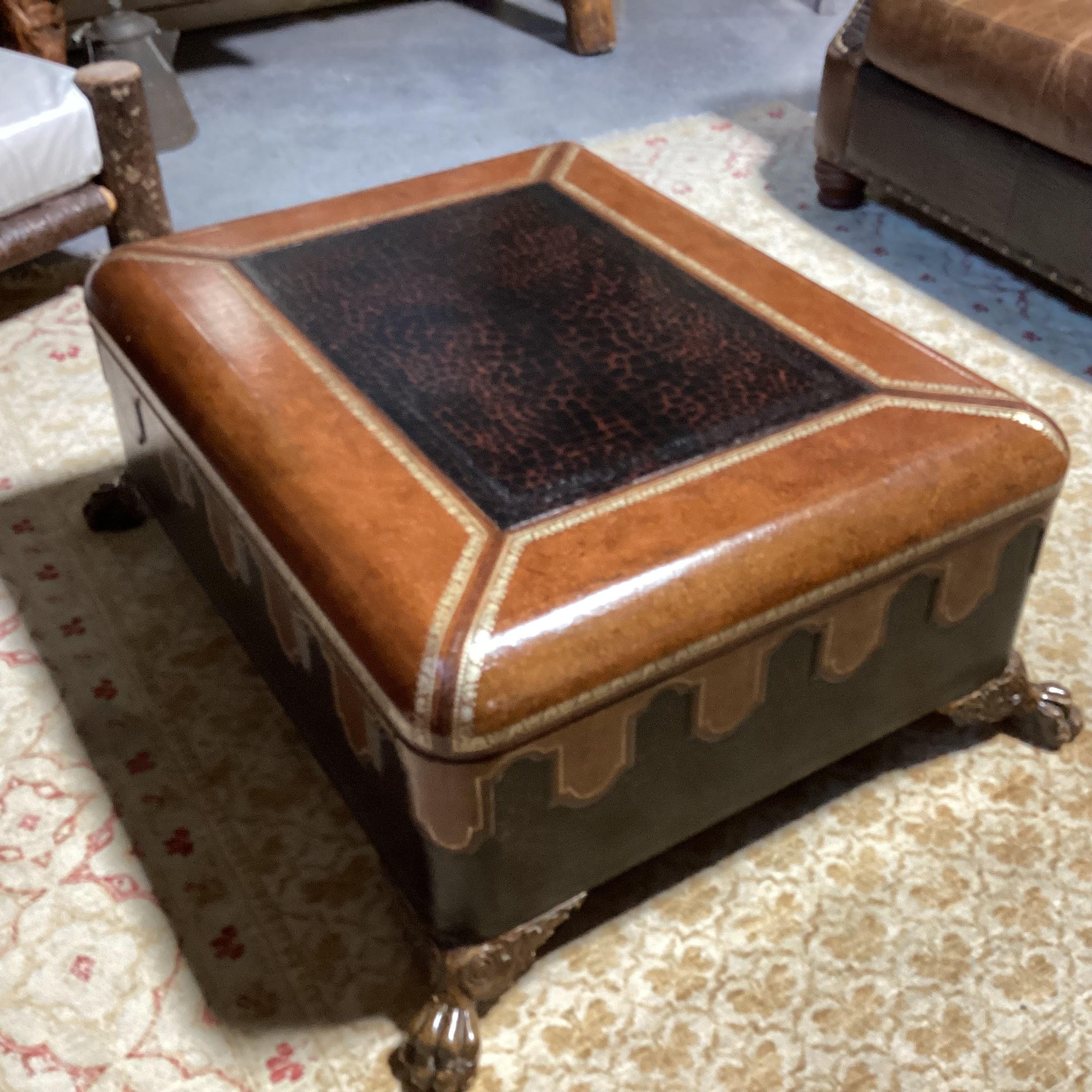 Maitland Smith Leather with Gold Stamping & Carved Clawfoot Trunk 44"x 35"x 18"