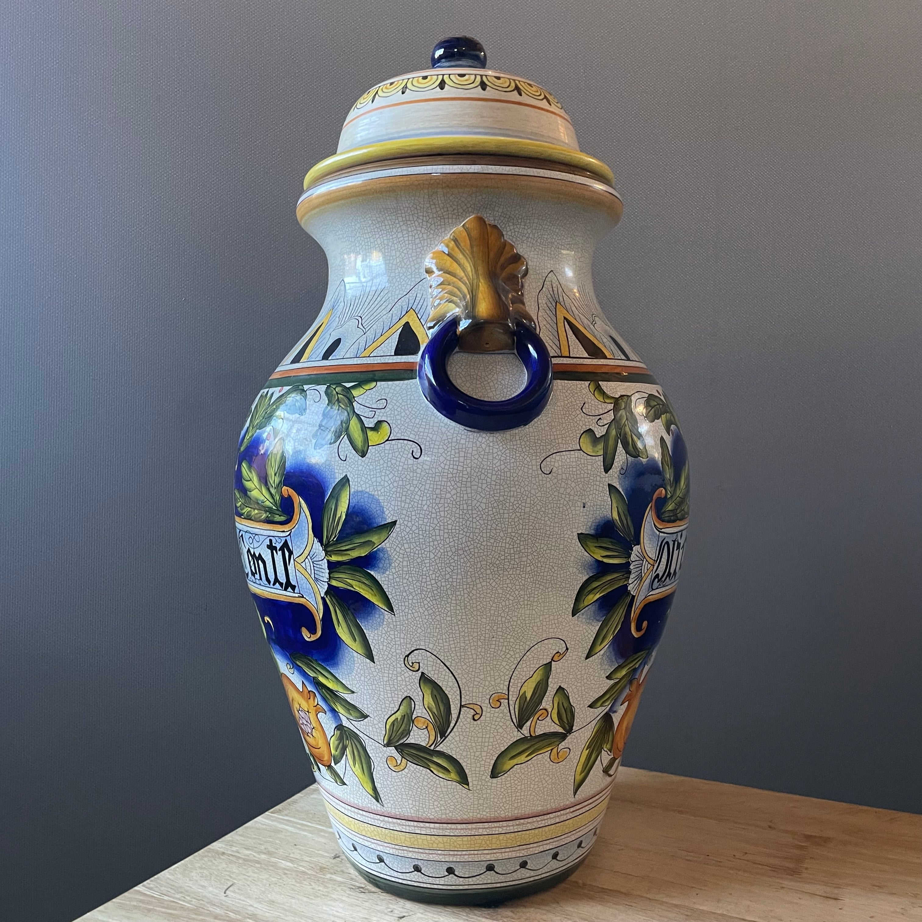 Decorative Majolica Style Reproduction Lidded Apothecary Jar, 14"x 23"