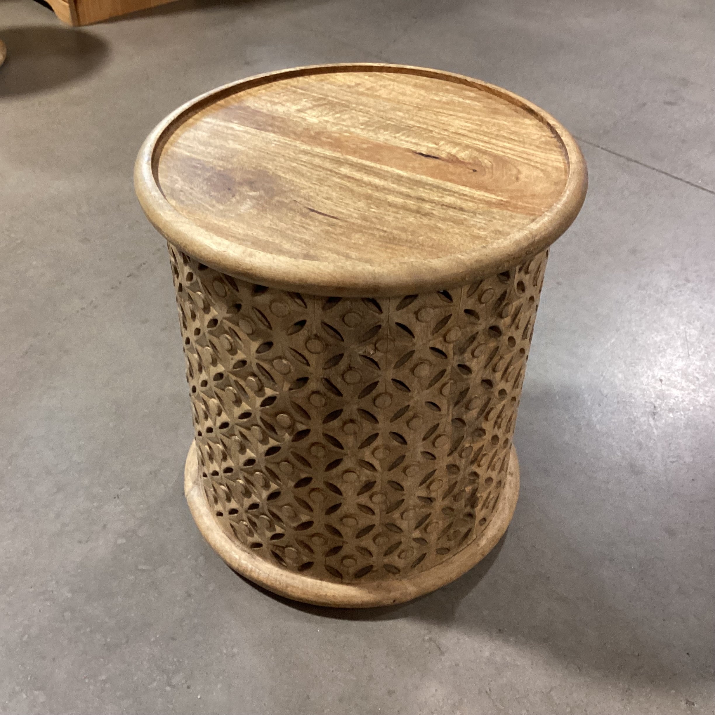 Carved Wood Cutout Round Drumlike End Table 17" Diameter x 18.5"