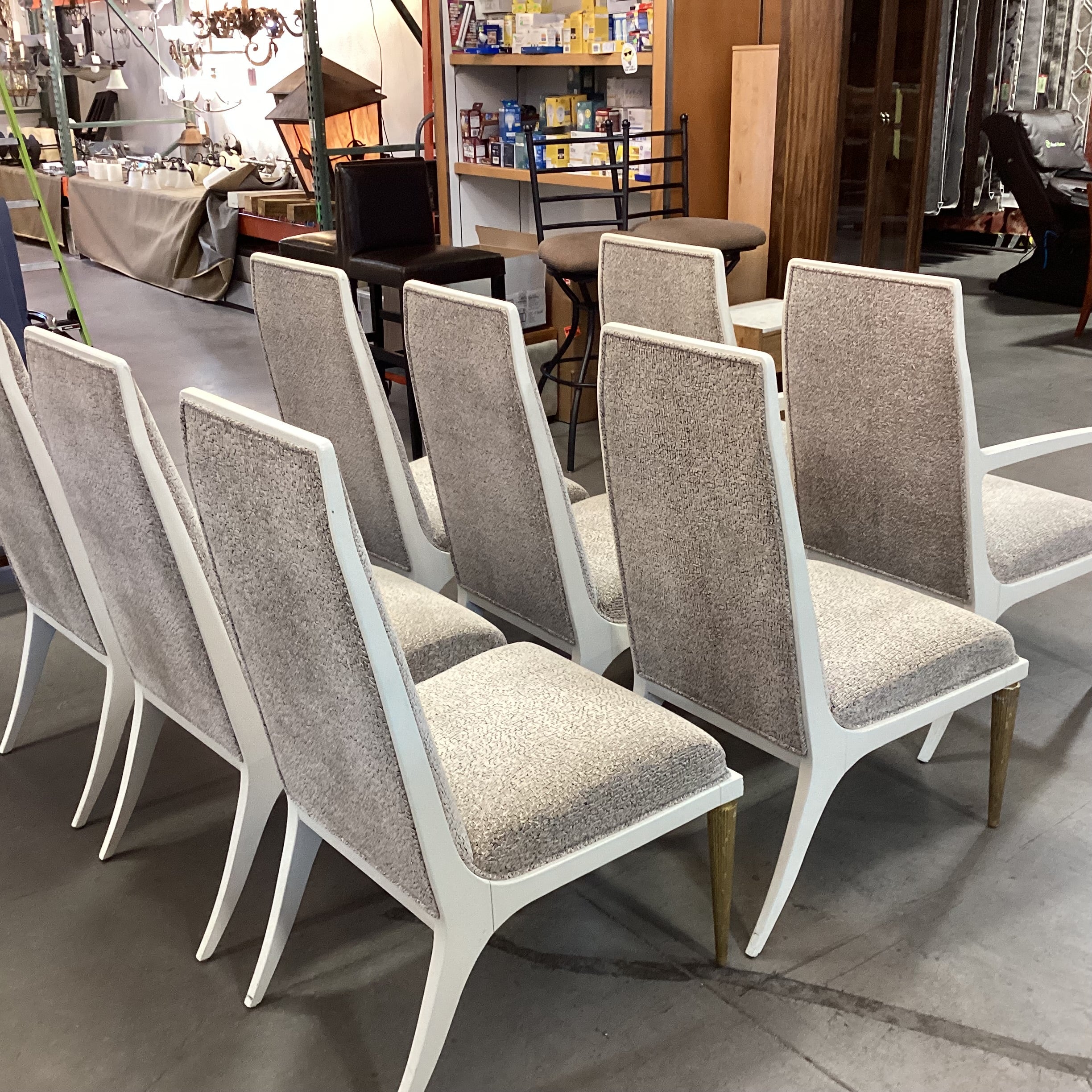 SET of 8 Jean Louis Denoit for Baker Taupe Cream Black Raised Chenille Woven & Cream Gold Wood Jasper Dining Chairs 23"x 28"x 42"