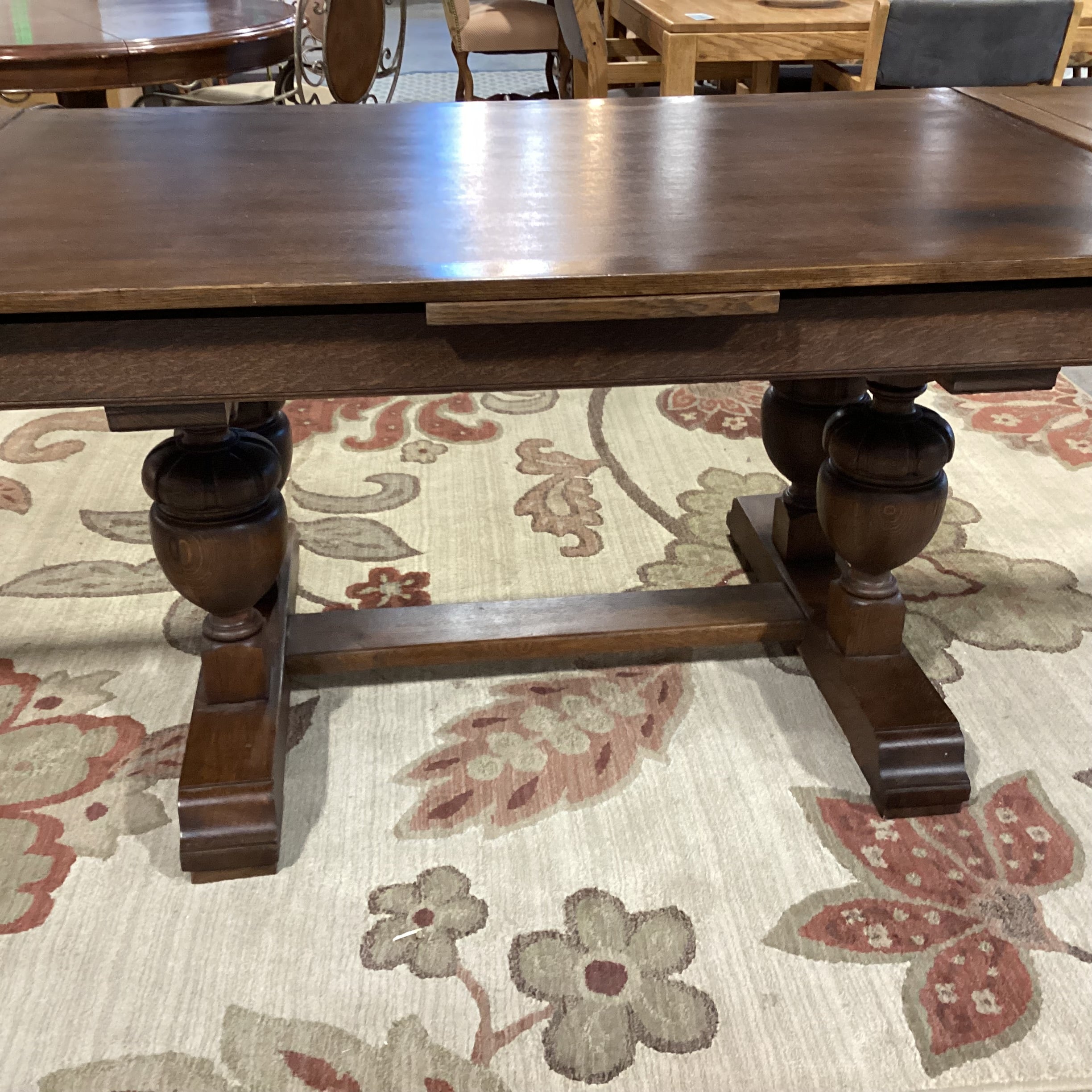 Antique Oak with Ornate Carved Trestle & 2 Extended End Leaves Dining Table 59" to 104"x 39"x 31"