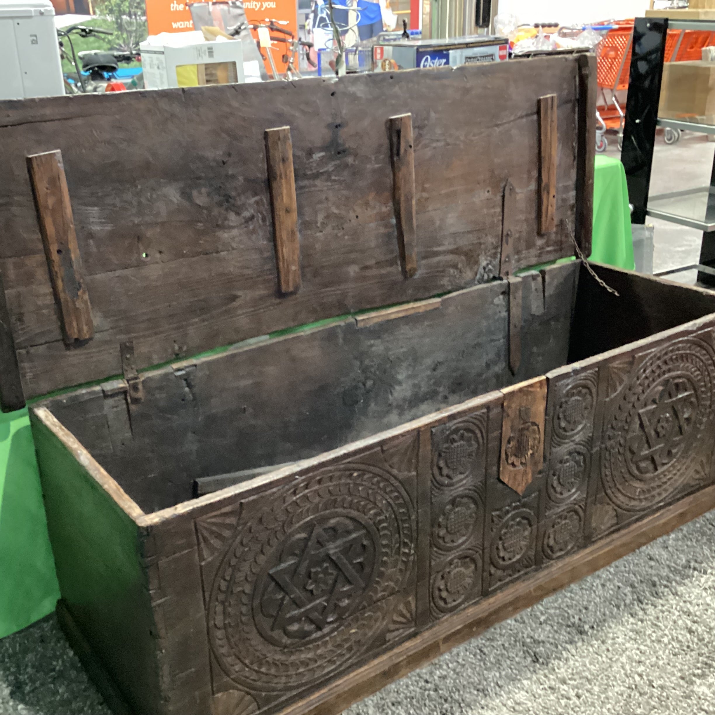Antique 13th to 17th Century European Chip Carved Oak Hexagram & Geometric Rosettes Blanket Chest or Dowry Trunk 68"x 24"x 24"