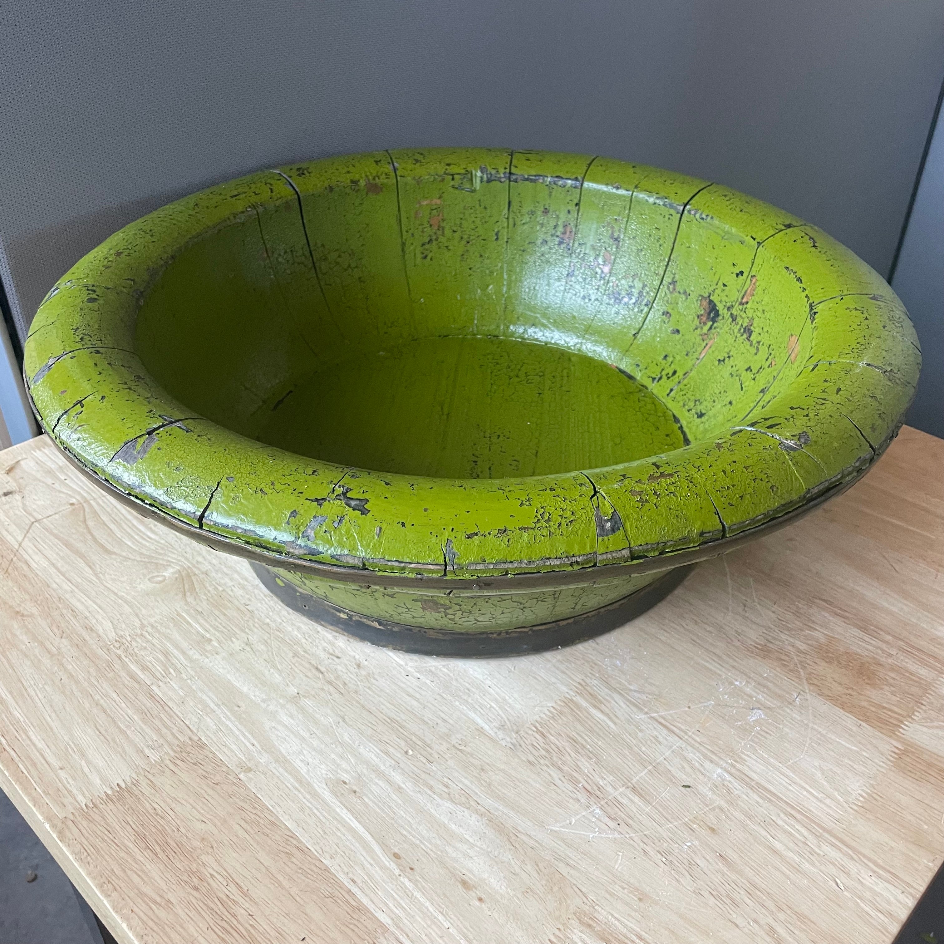 Antique Chinese Green Lacquer Wood, Metal Banded Wash Basin, 20.5"x 6"