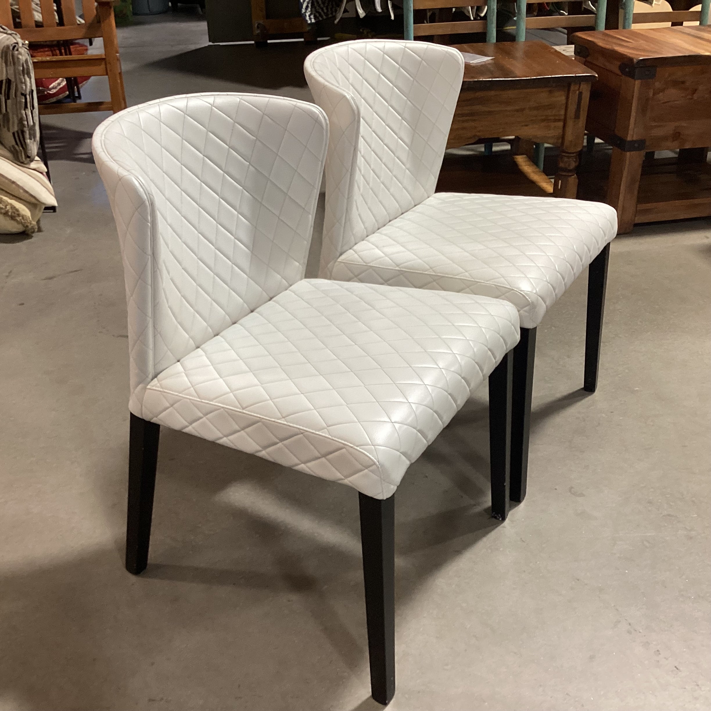 SET of 2 Crate & Barrel Curan White Quilted Faux Leather & Black Wood Dining Chairs 21"x 23"x 32"