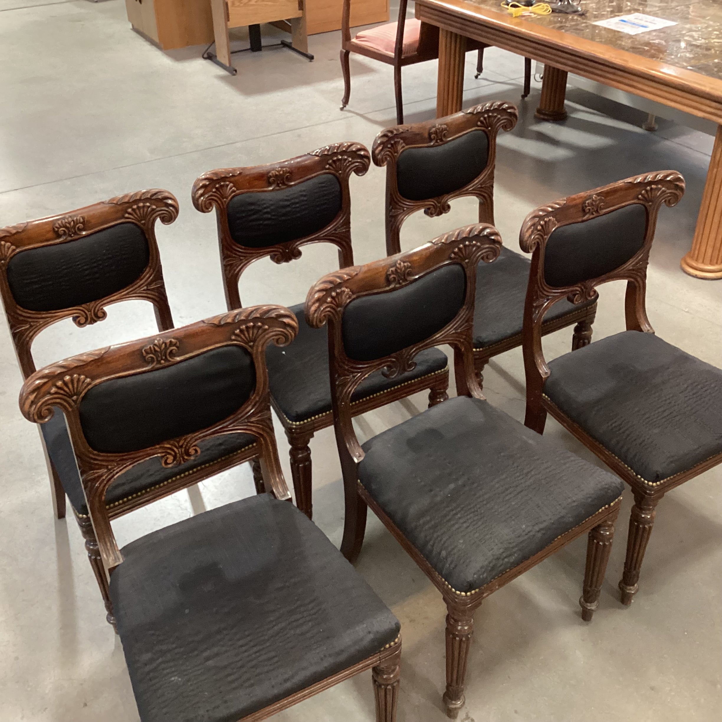 SET of 6 Antique Carved Wood & Black Upholstered Nailhead Dining Chairs 20"x 20"x 33.5"