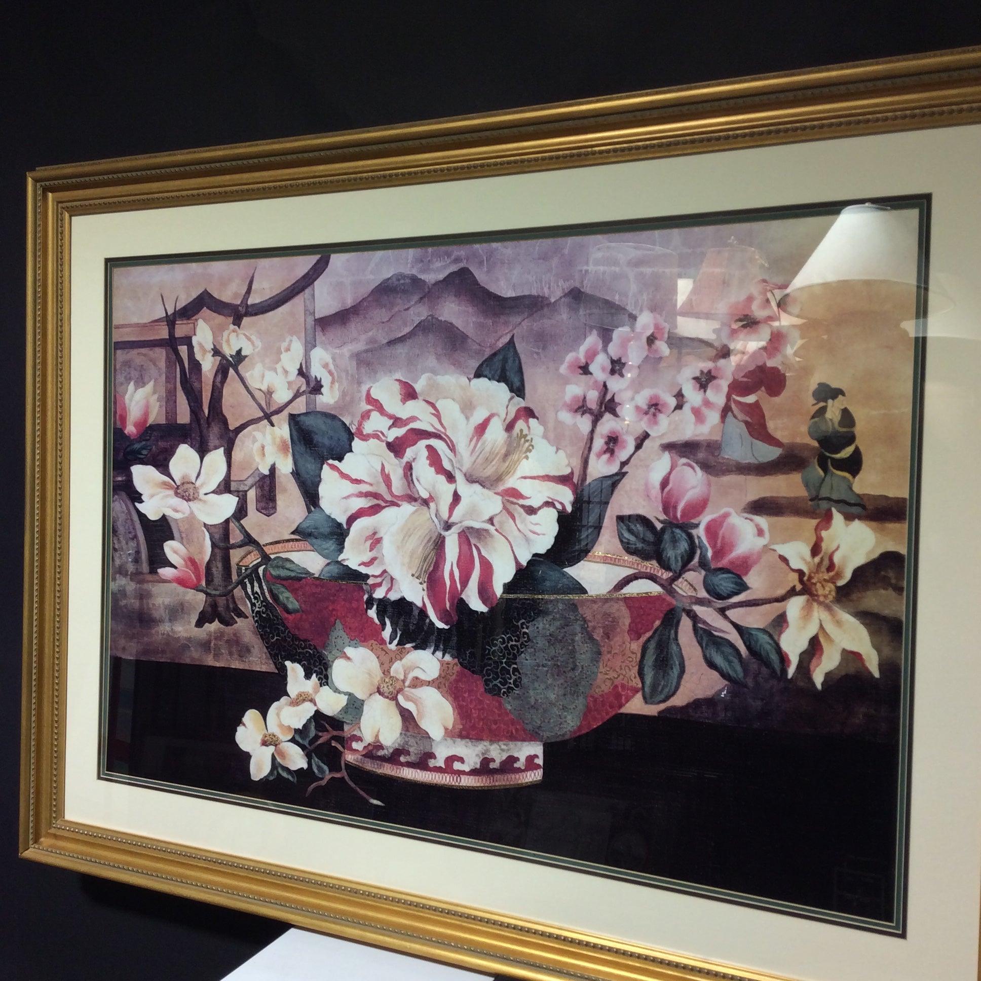 Japanese Floral Arrangement Print In Gold Plexiglass Frame 57" x 42"