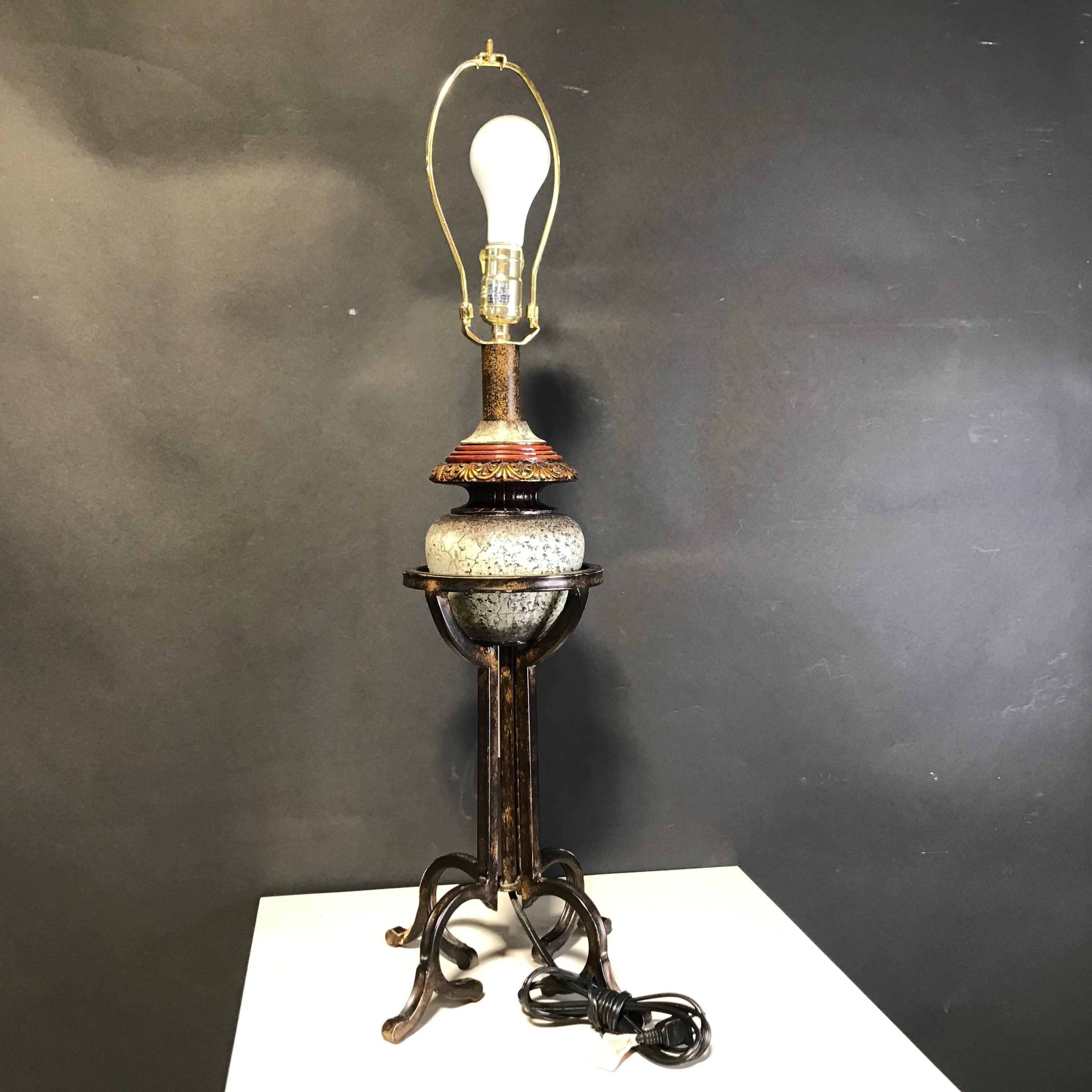 Hollywood Regency Style Metal Base, Ceramic Top Table Lamp 8"x 24"