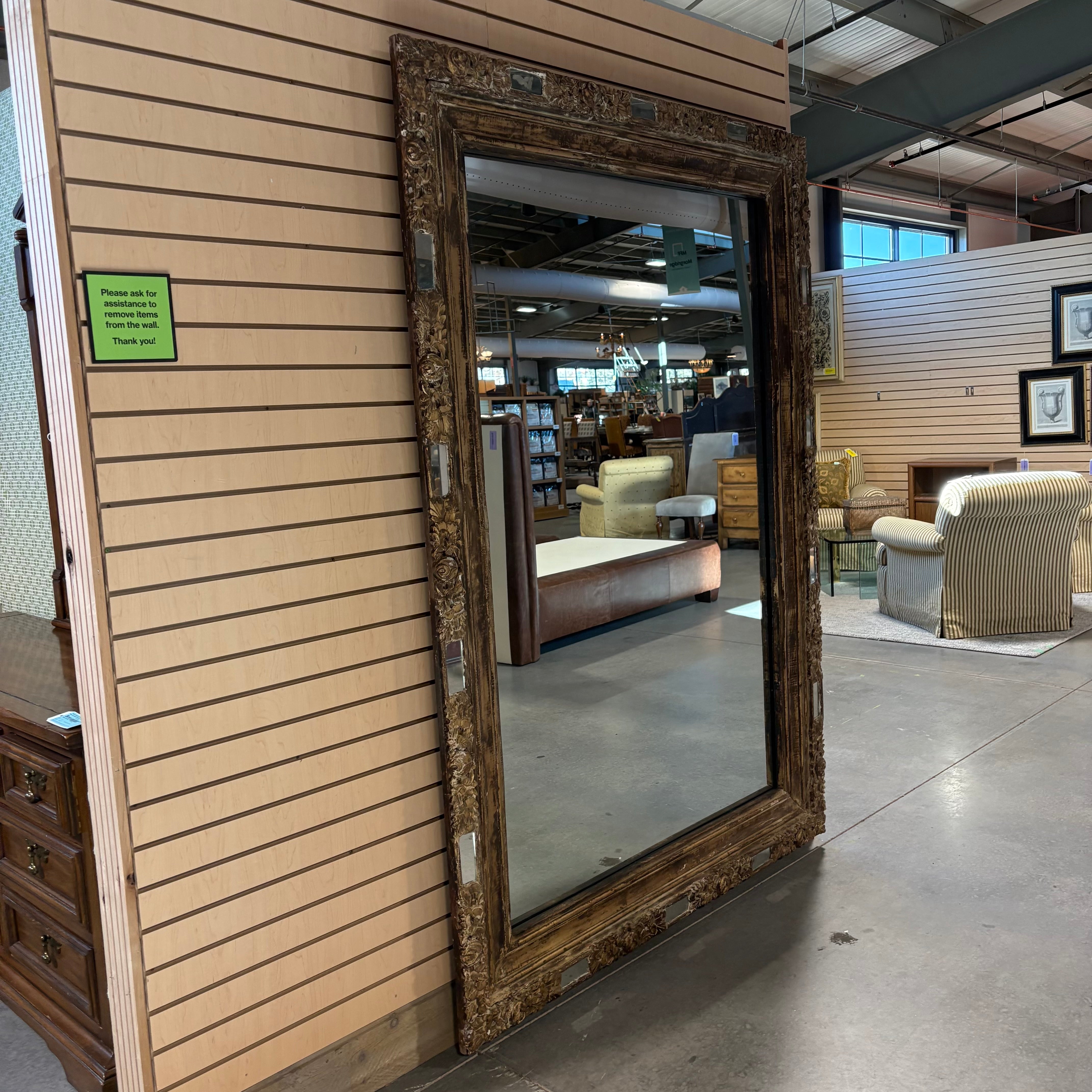 Antique Ornate Floral Carved Wood with Mirrored Accent Frame Wall Hanging Mirror 60” x 84”