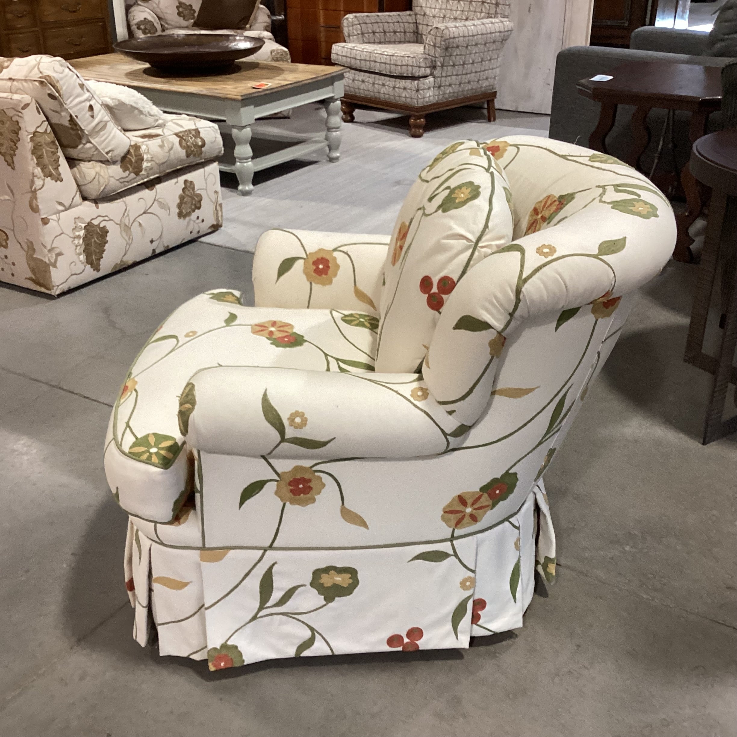 Dindy Foster Interiors Custom Cream with Embroidered Applique Green Gold Rust Floral Chair 35"x 40"x 32"