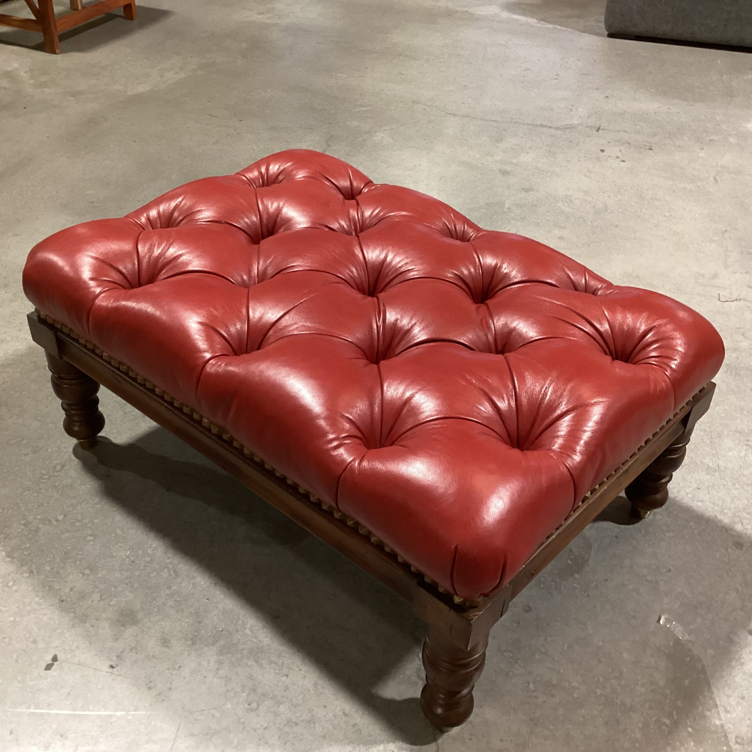 Pearson Furniture Red Leather Tufted & Carved Wood Ottoman 39"x 28"x 18"