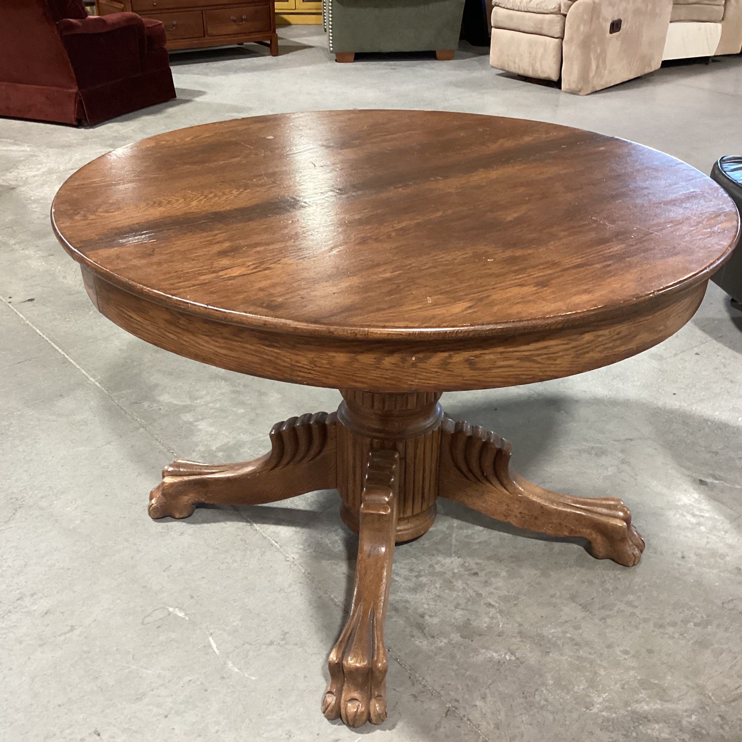 Antique Carved Oak Clawfoot Round Dining Table 42" Diameter x 28"