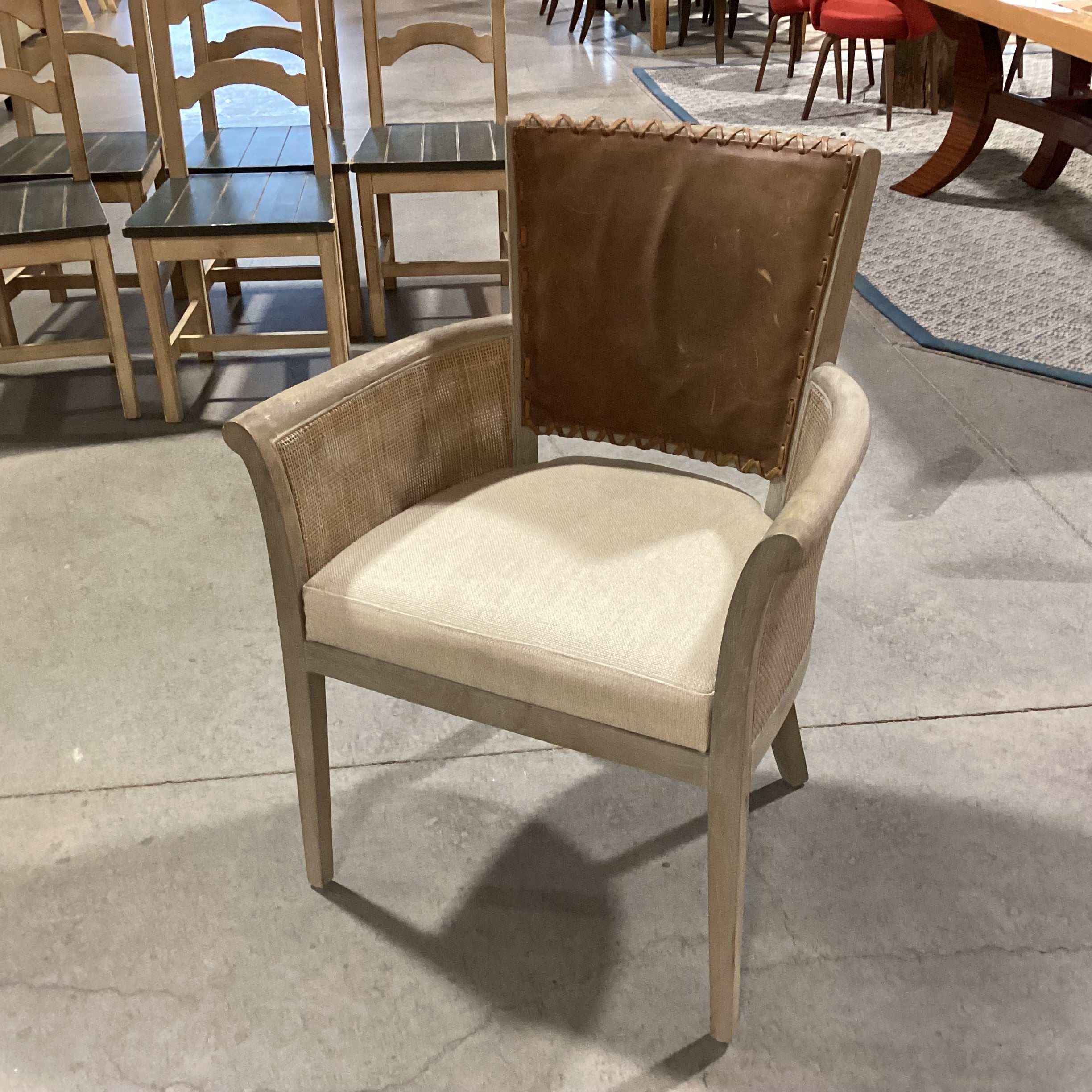 Washed Grey Wood Woven Sides Leather Back Linen Seat Chair 26"x 23"x 35"