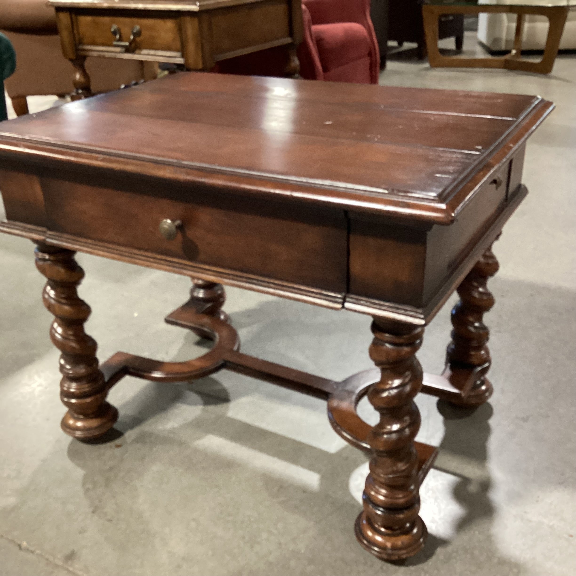 Ornate Carved Finished Solid Wood 1 Drawer Side Pullouts Trestle Base End Table 32"x 24"x 25"