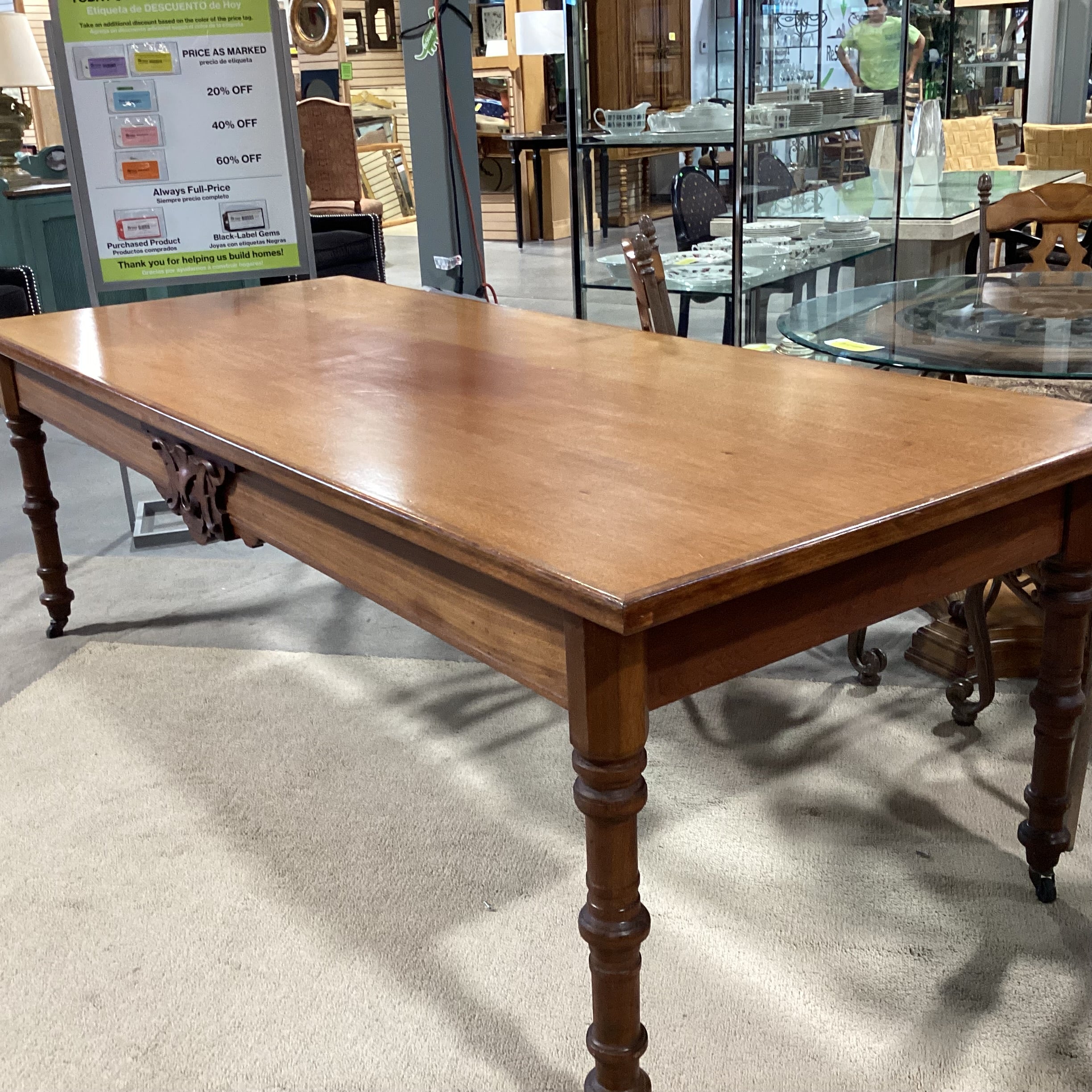 Antique Oak with Carved Detail on Casters Dining Table 98"x 42"x 32"