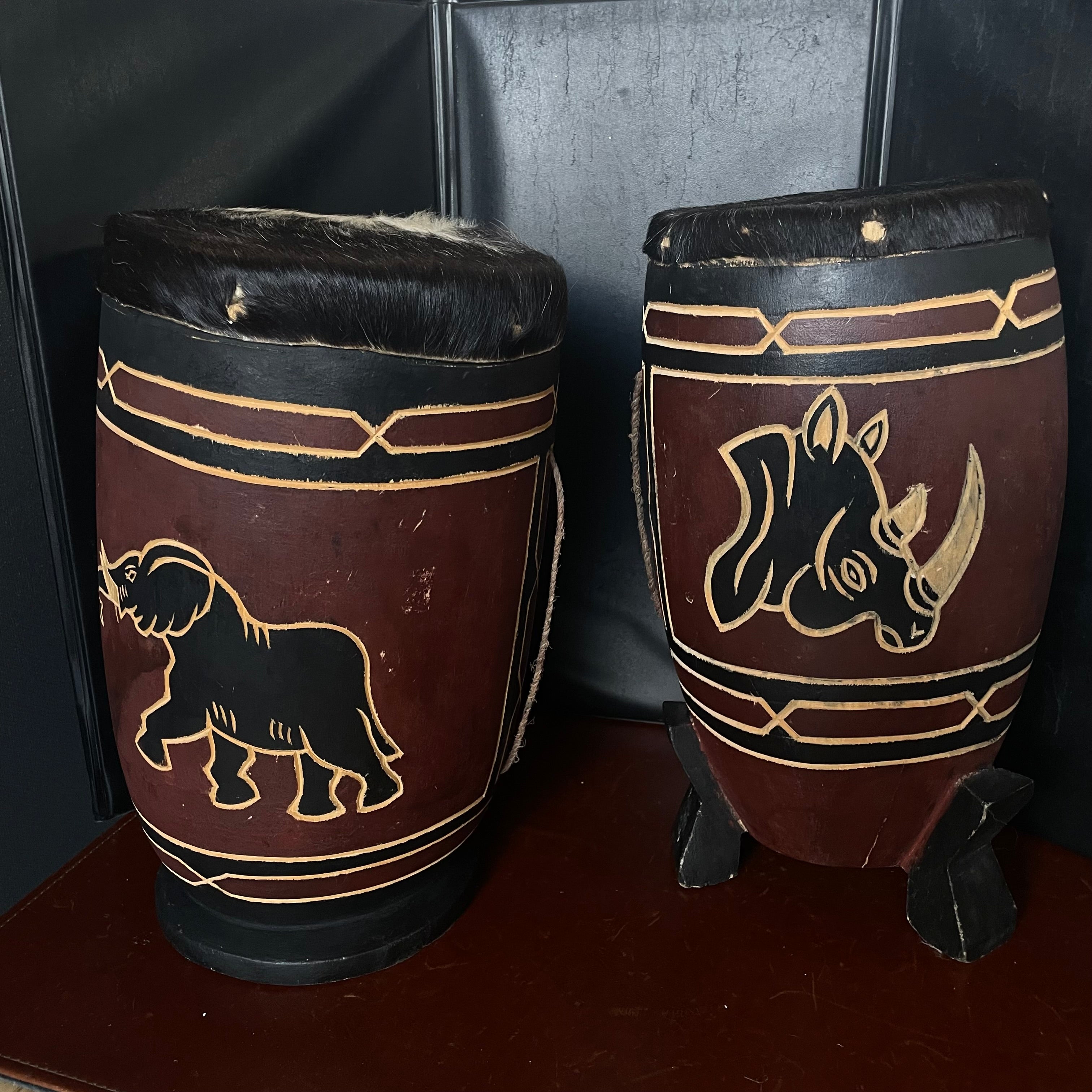 Set of 2 Handcrafted African Hide Covered Elephant and Rhino Drums