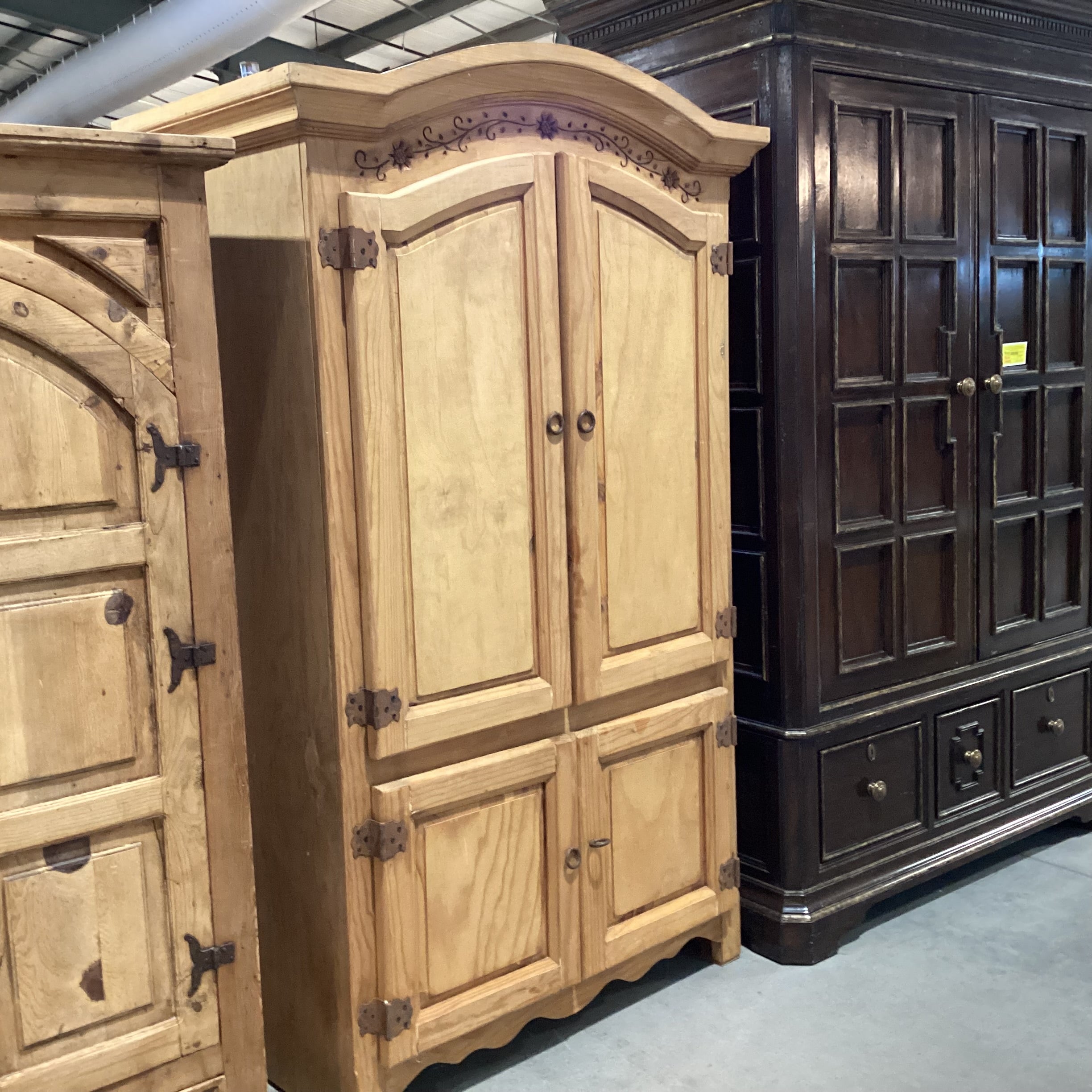 Arched Rustic Natural Carved Wood 4 Door with Shelves & 2 Drawer Armoire 48.5"x 26"x 80.5"