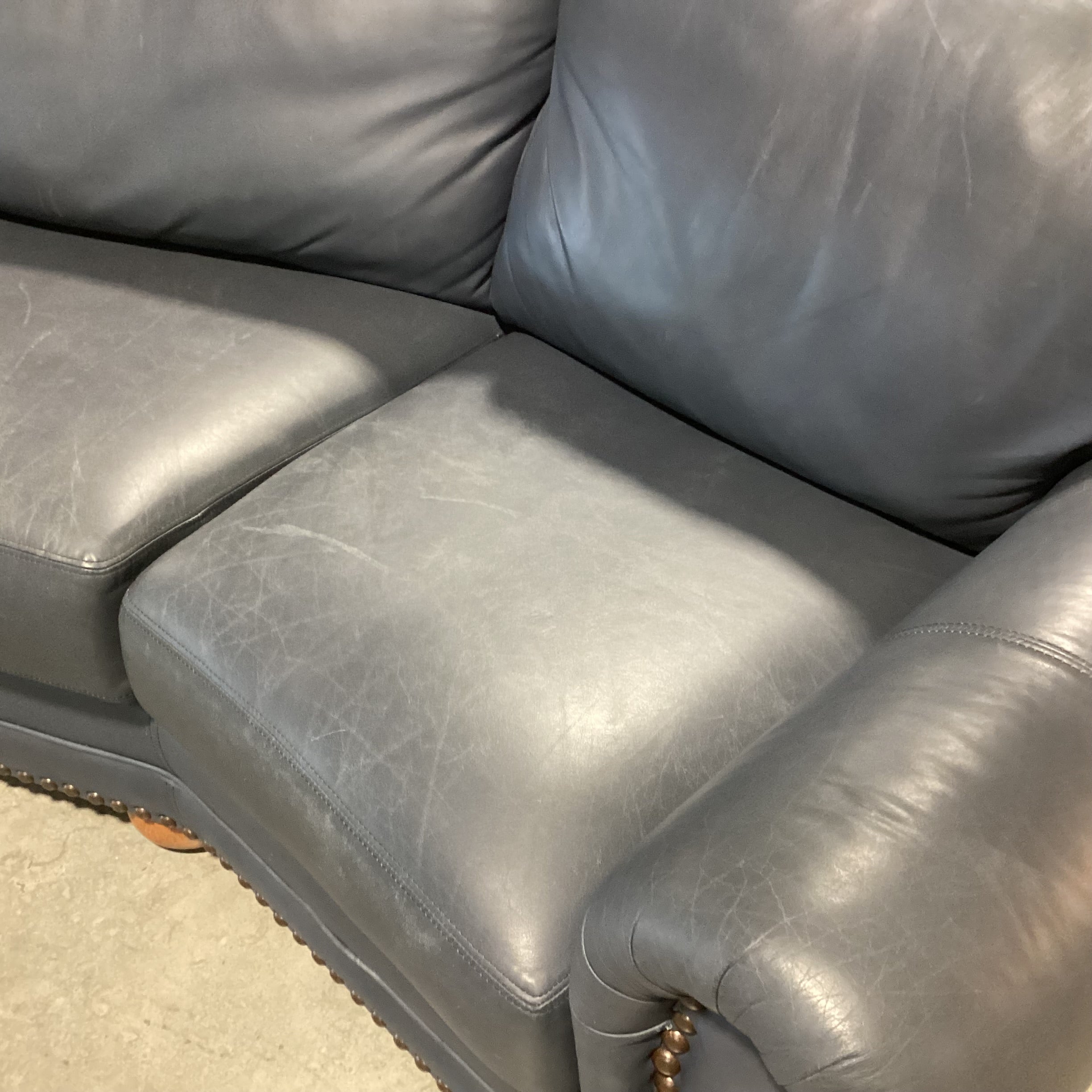 Creative Leather Furniture HighPoint Collection Angled Navy Leather Nailhead Sofa 120"x 54"x 36"