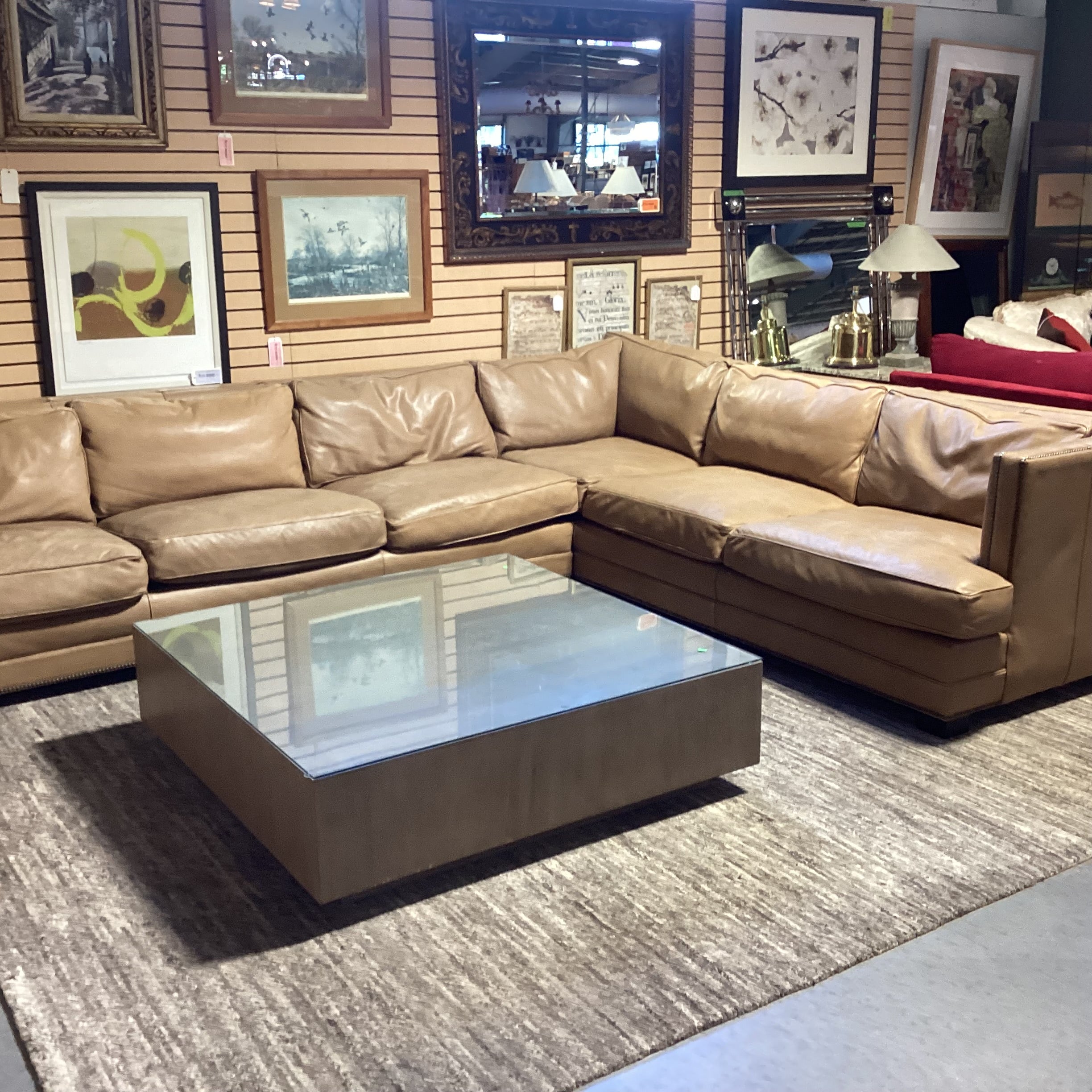 Restoration Hardware Tan Leather Nailhead Down Mix 2 Piece Sectional 145"x 112"x 44"x 31"
