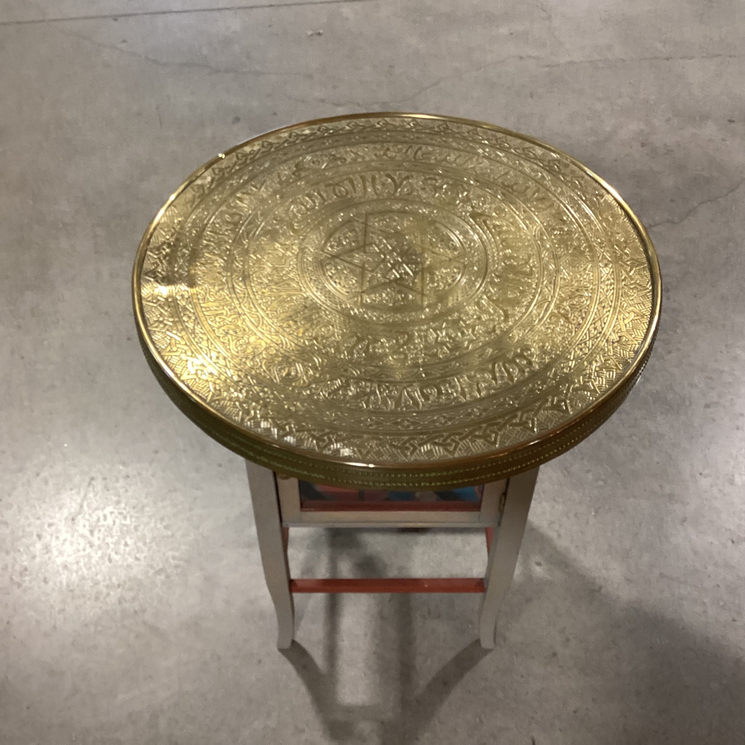 Middle East Brass Tray Top & Wood Glass 1 Door Base Accent Table 24" Diameter x 26"