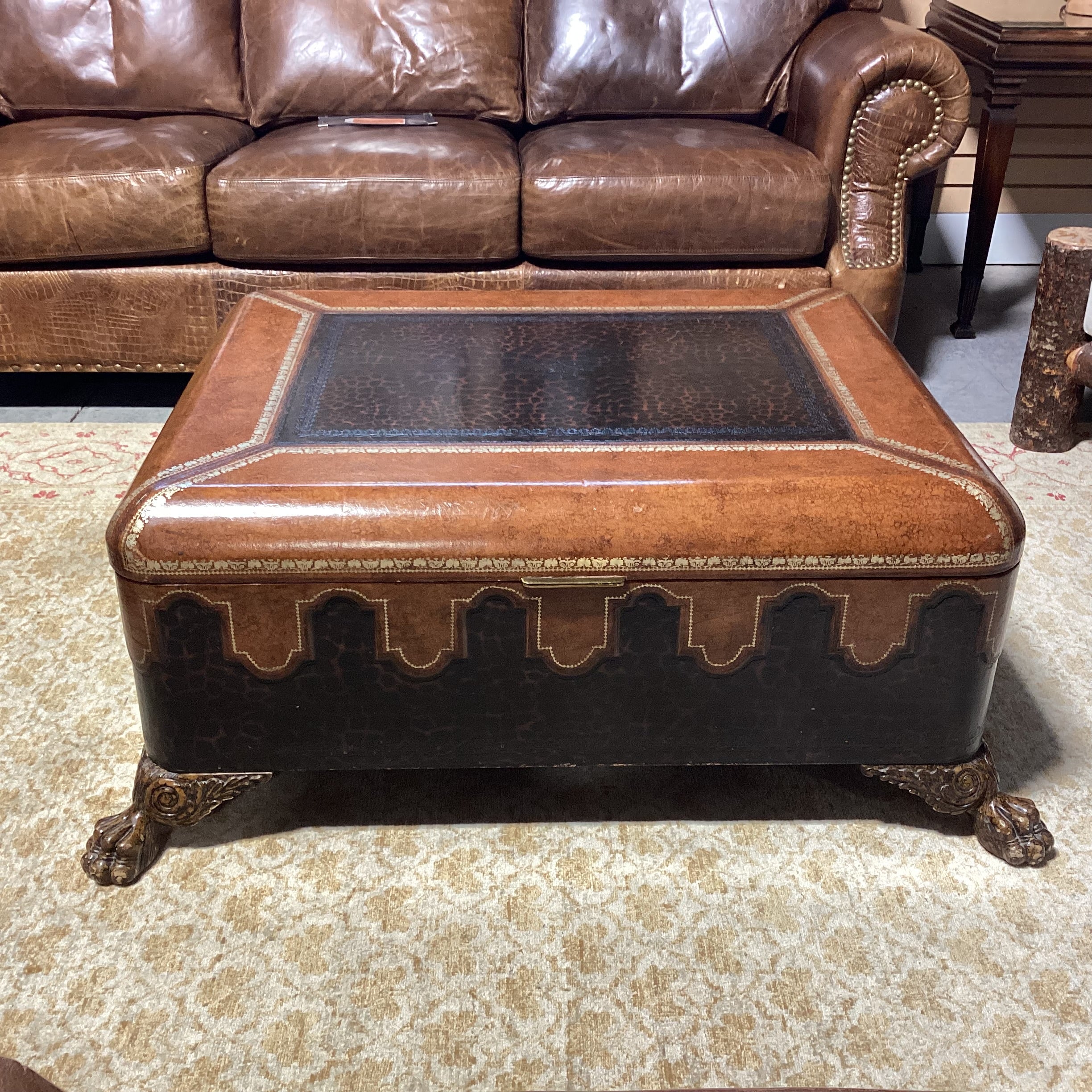 Maitland Smith Leather with Gold Stamping & Carved Clawfoot Trunk 44"x 35"x 18"