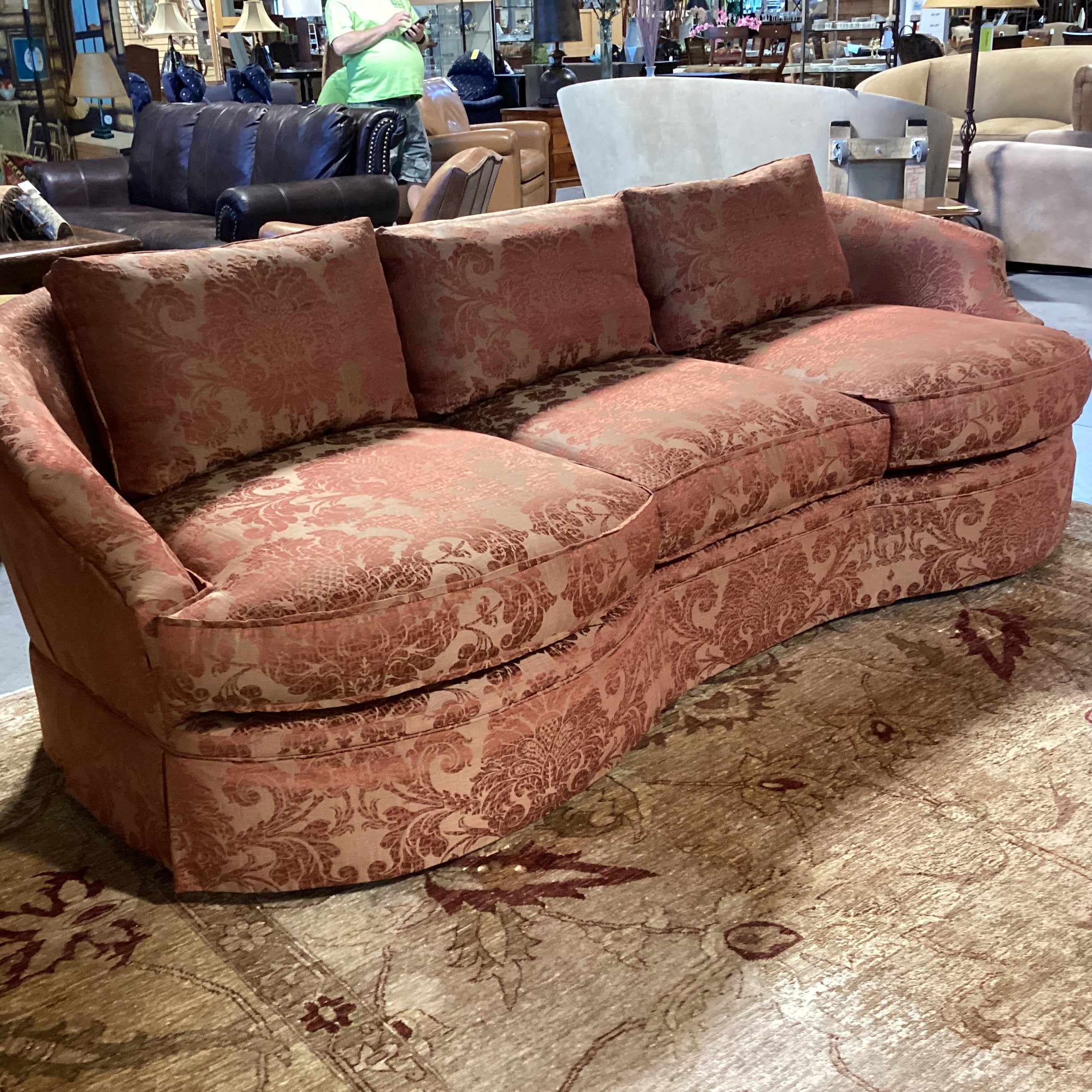 Custom Golden Burnt Orange Ornate Silky Metallic Floral Down Mix Curved Sofa 101"x 44"x 32"