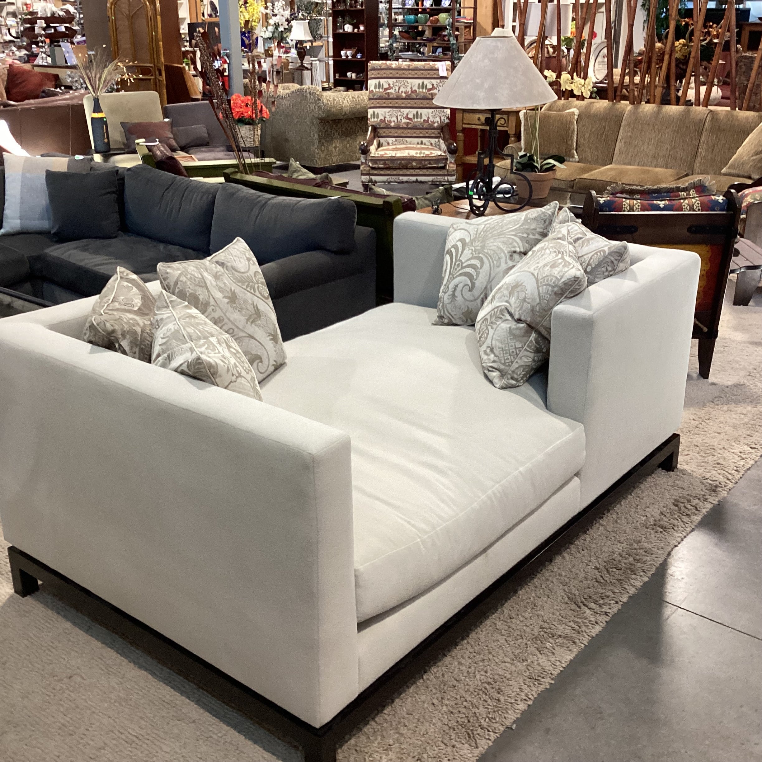 JJ Custom Dove Grey Wool Down Mix with Metallic Taupe &Ivory Accent Pillows Modern Chaise Sofa 76"x 48"x 33"