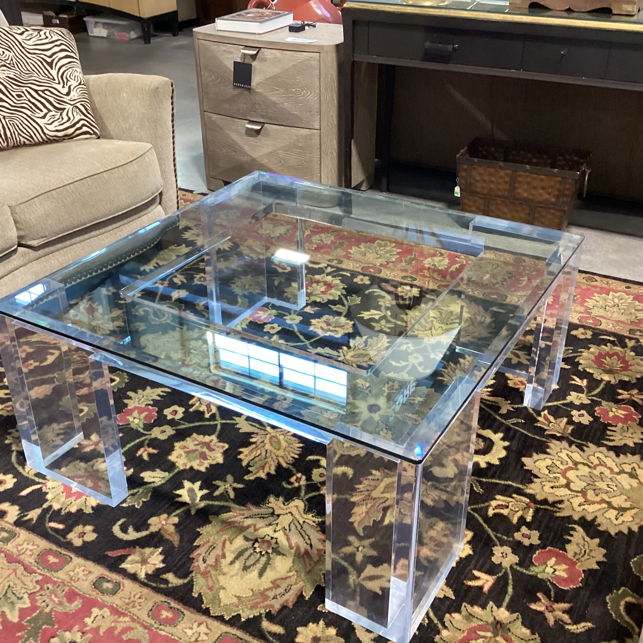 Modern Lucite & Glass Coffee Table 42"x 42"x 19"