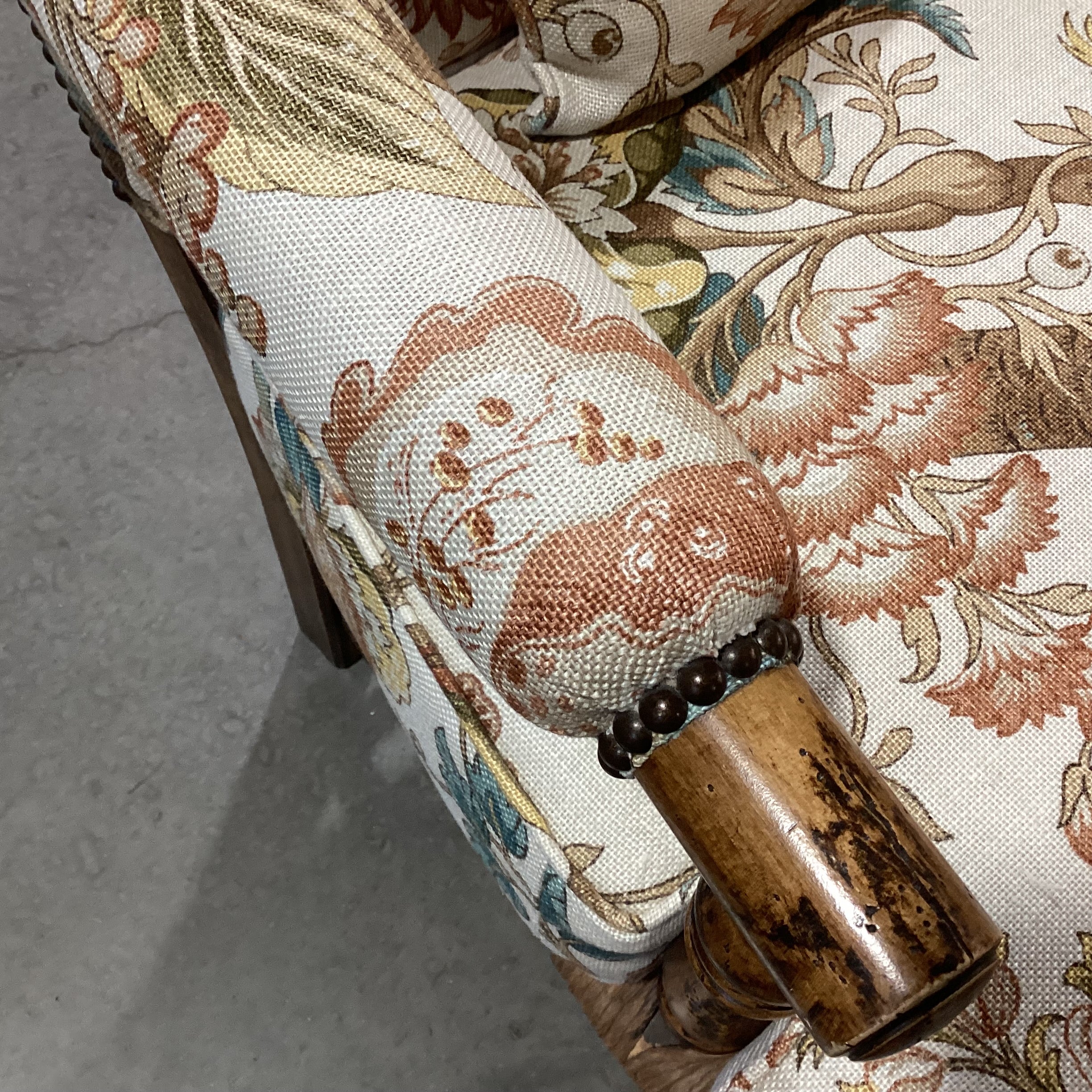 Carved Wood Rush Seat & Floral Belgian Linen Nailhead Chair 32"x 32"x 40"