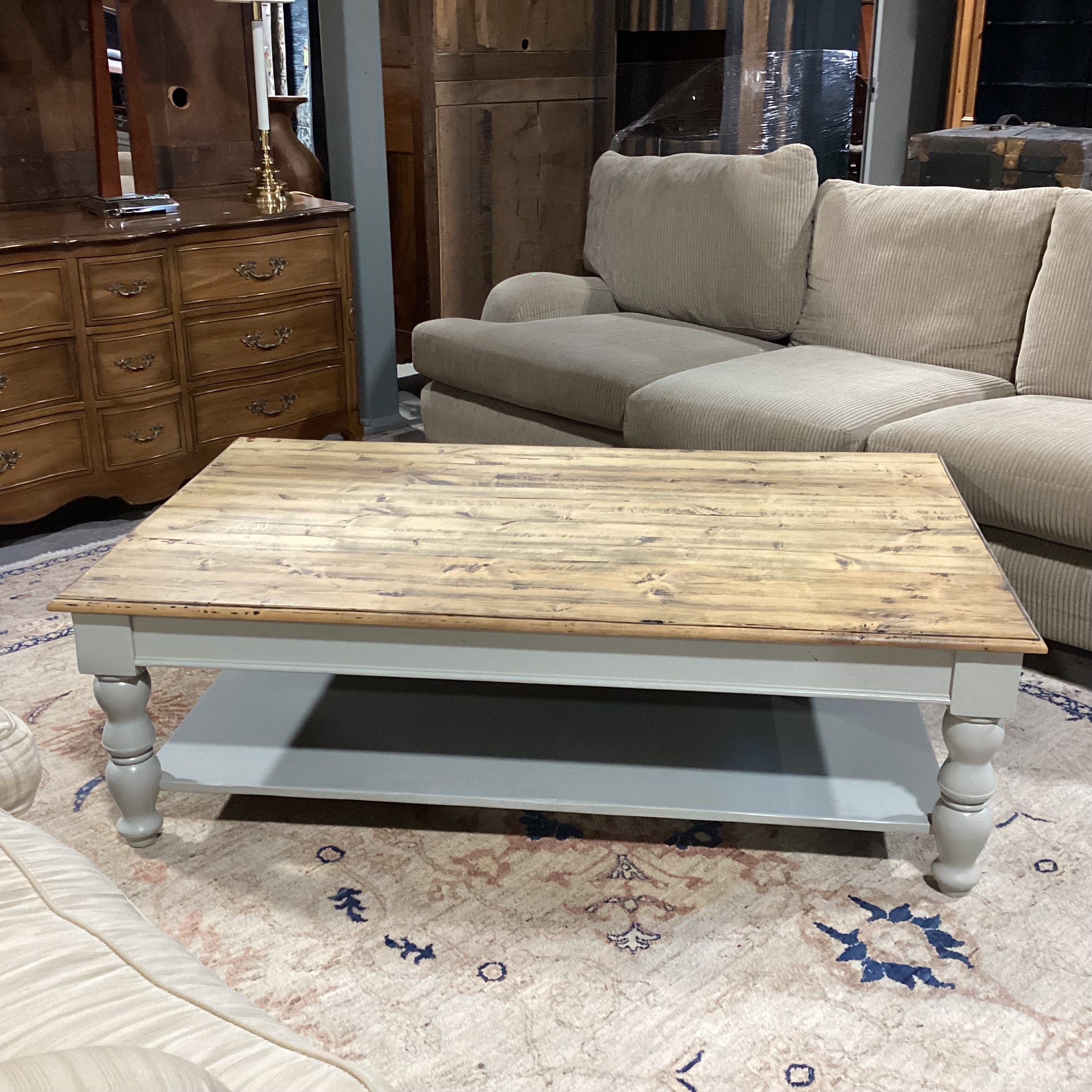 Rustic Distressed Plank Top & Dove Grey Carved Wood Coffee Table 60"x 36"x 19"
