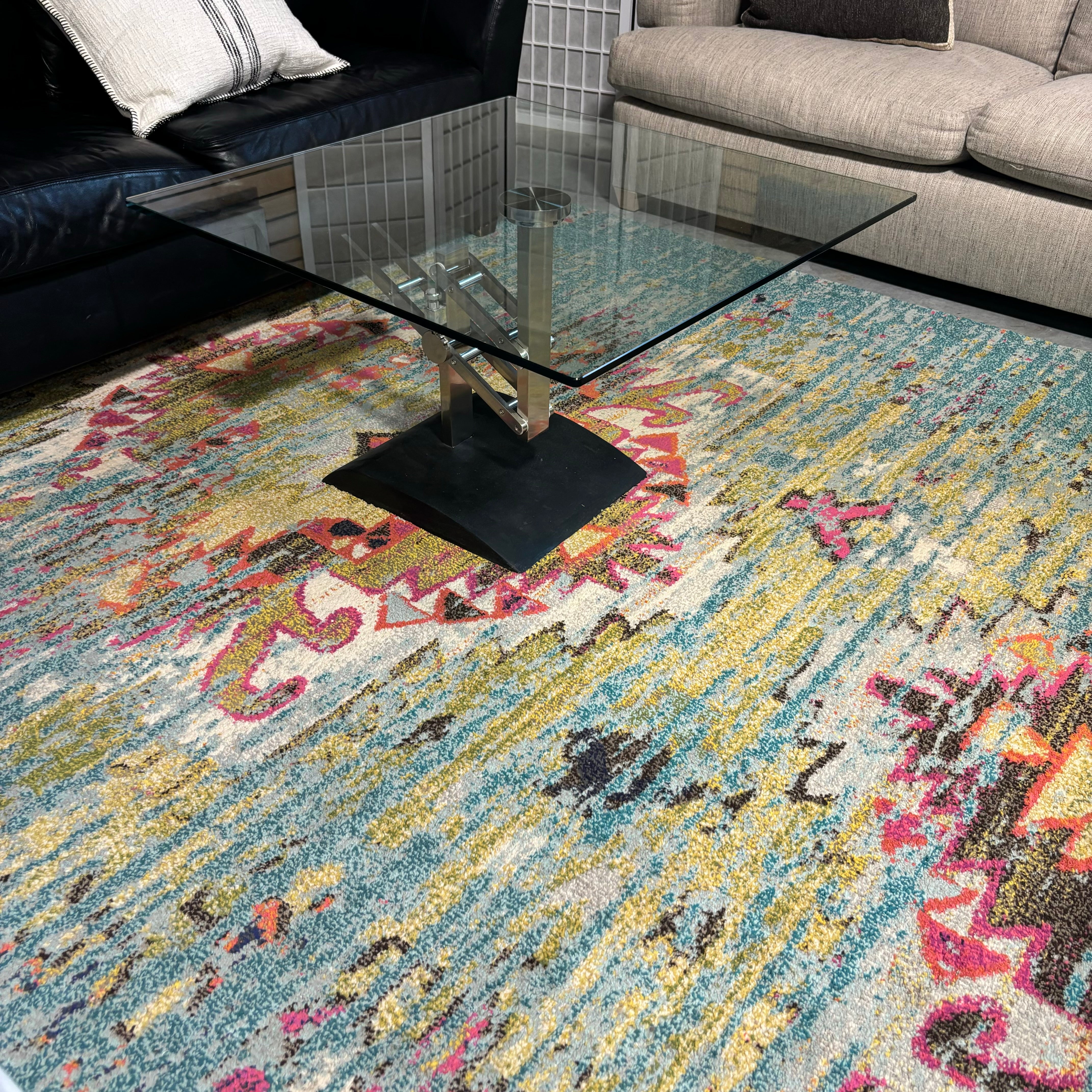 Black & Stainless Steel Adjustable Height Glass Top End Table 34"x 34"x 21.5" to 30"