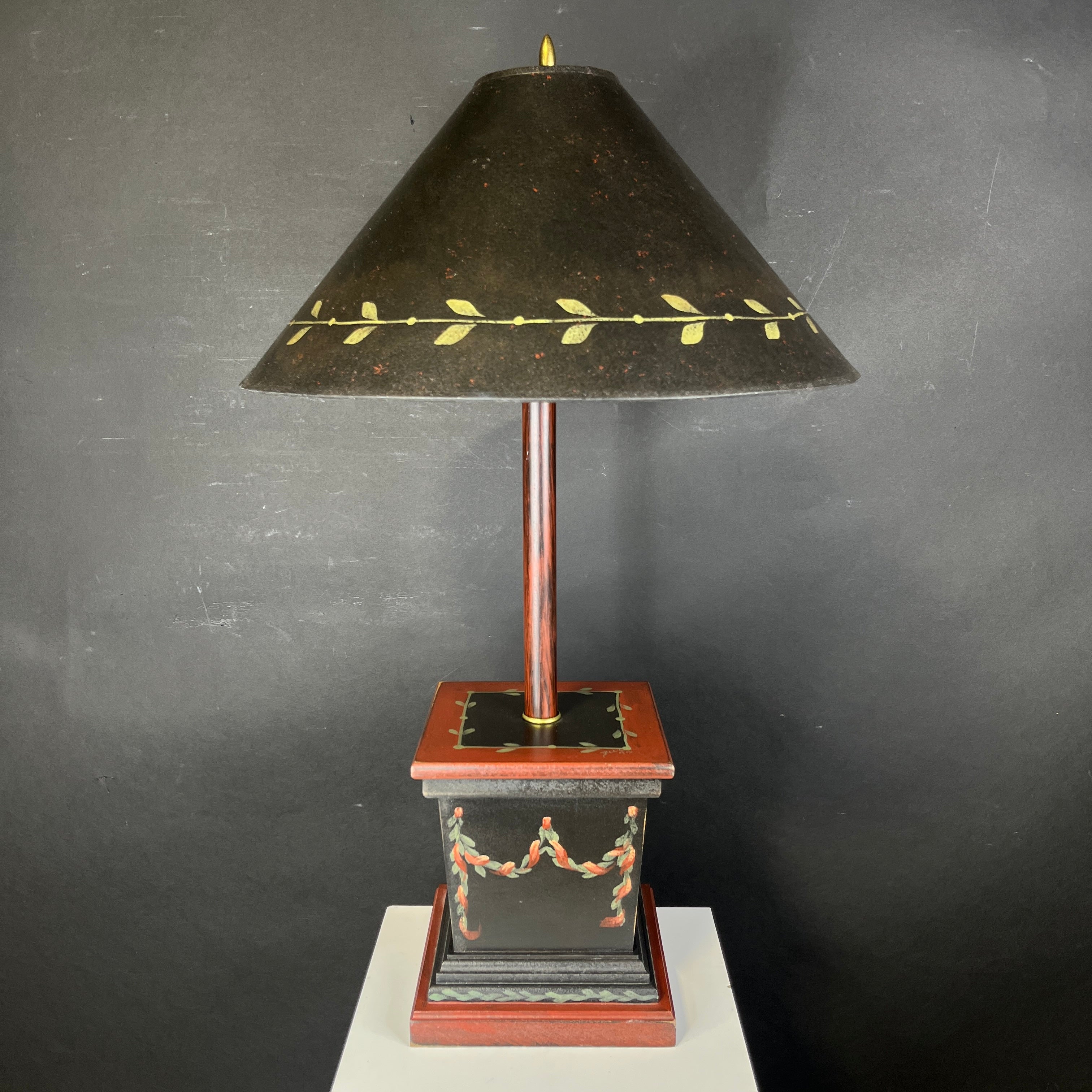 Hand Painted Wooden Green and Red Leafy with Shade Table Lamp 18” Diameter @ Shade x 29”