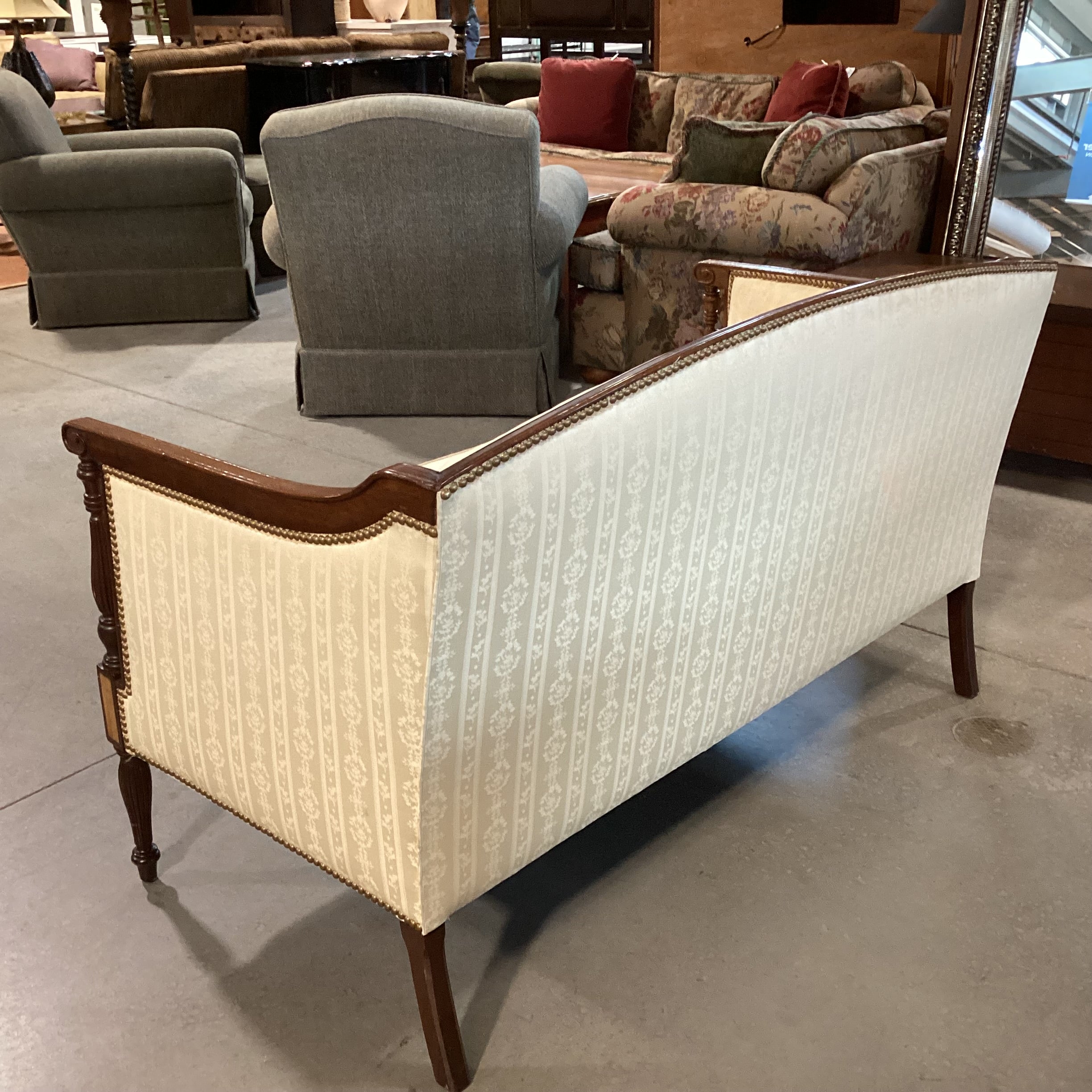 Hickory Chair Furniture Cream Ribbon with Nailhead & Carved Wood Loveseat Sofa 53"x 28"x 34"