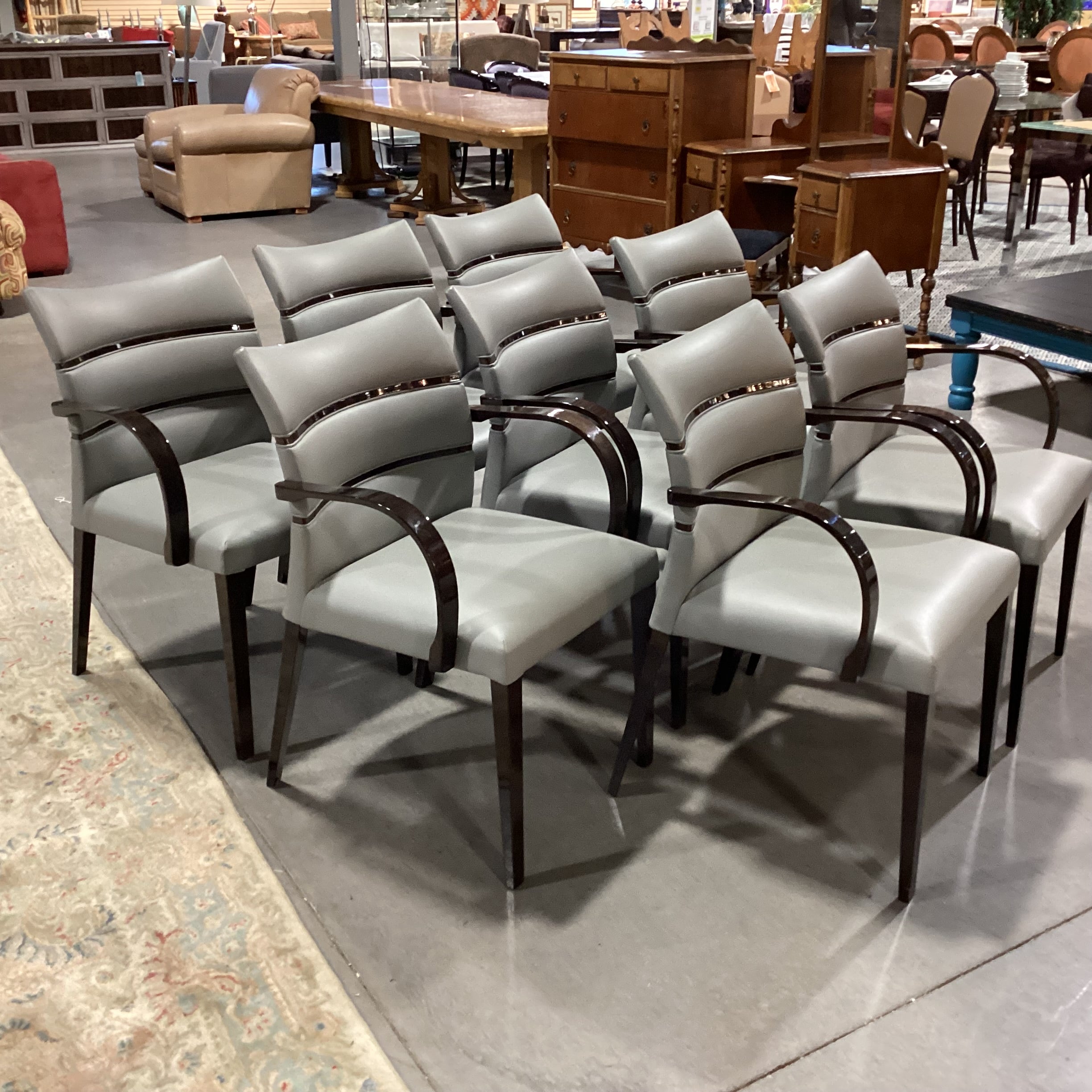 SET of 8 Constantini Pietro Italian Dark Lacquered Finish Wood & Grey Leather Dining Chairs 22.5"x 20"x 34"