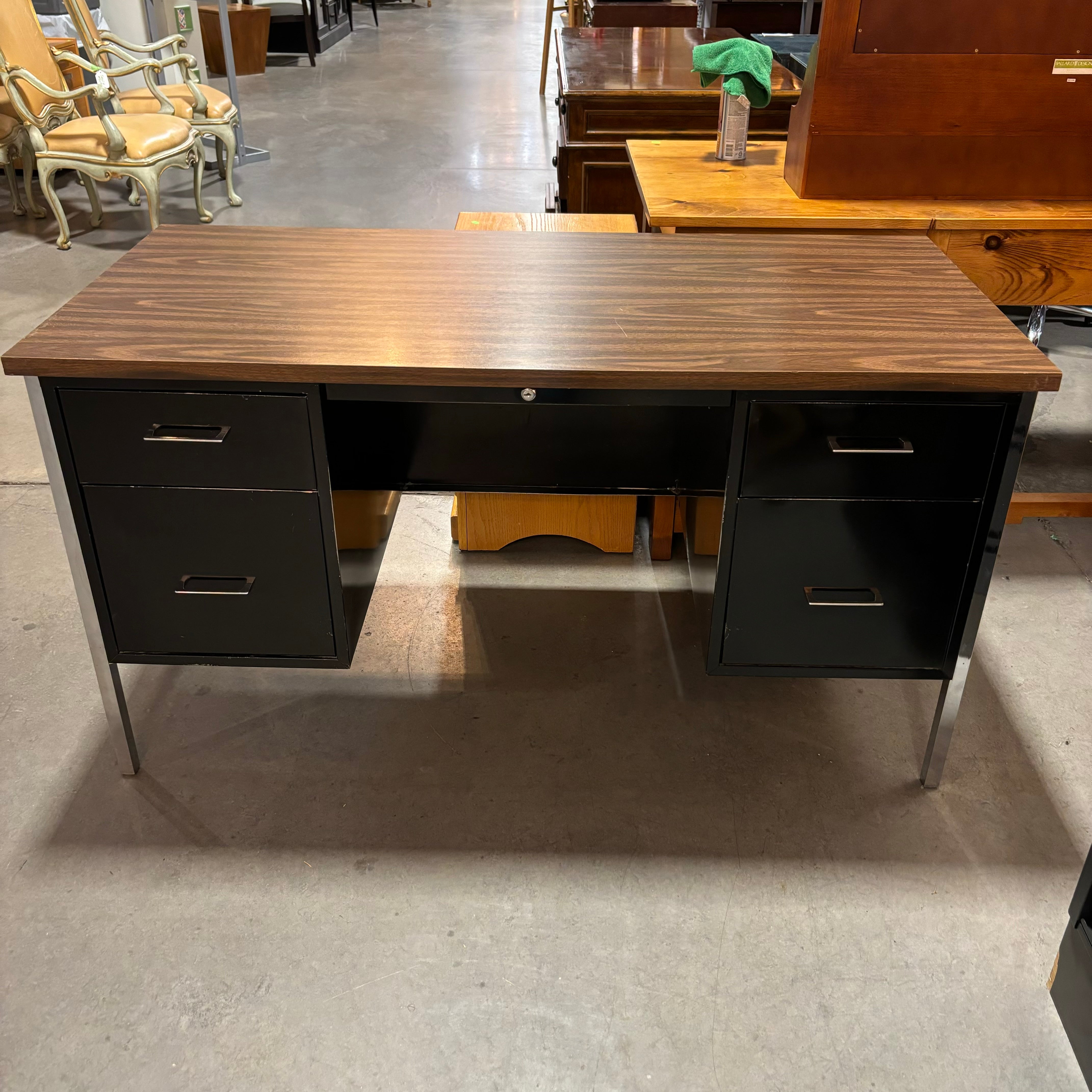 Dark Wood Veneer & Black Steel Base 4 Drawer with Center Pullout Desk 55"x 26"x 29"