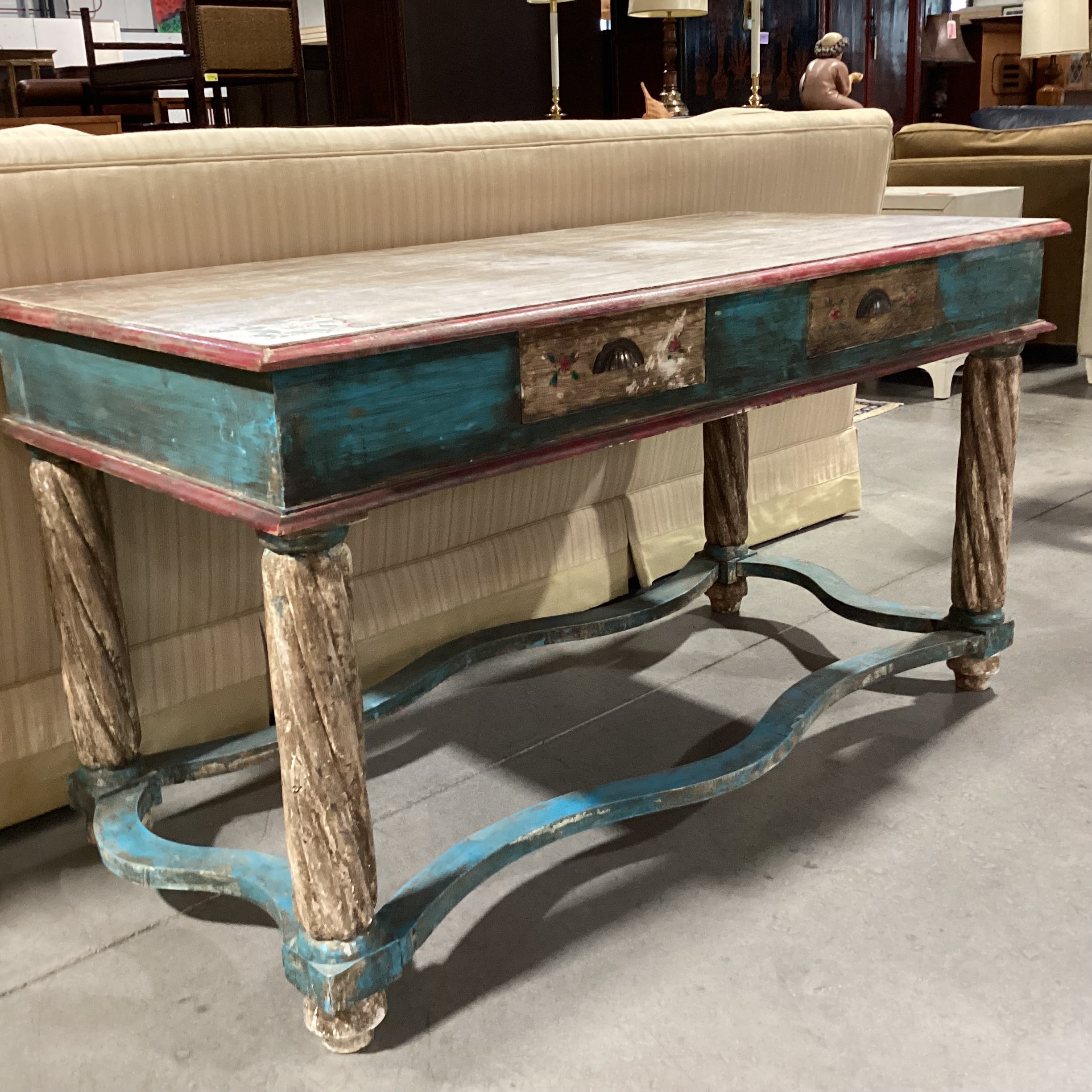 Antiqued Finish Hand Painted Blue & Red Floral Carved Wood 2 Drawer Accent Table 58.5"x 28.5"x 32"