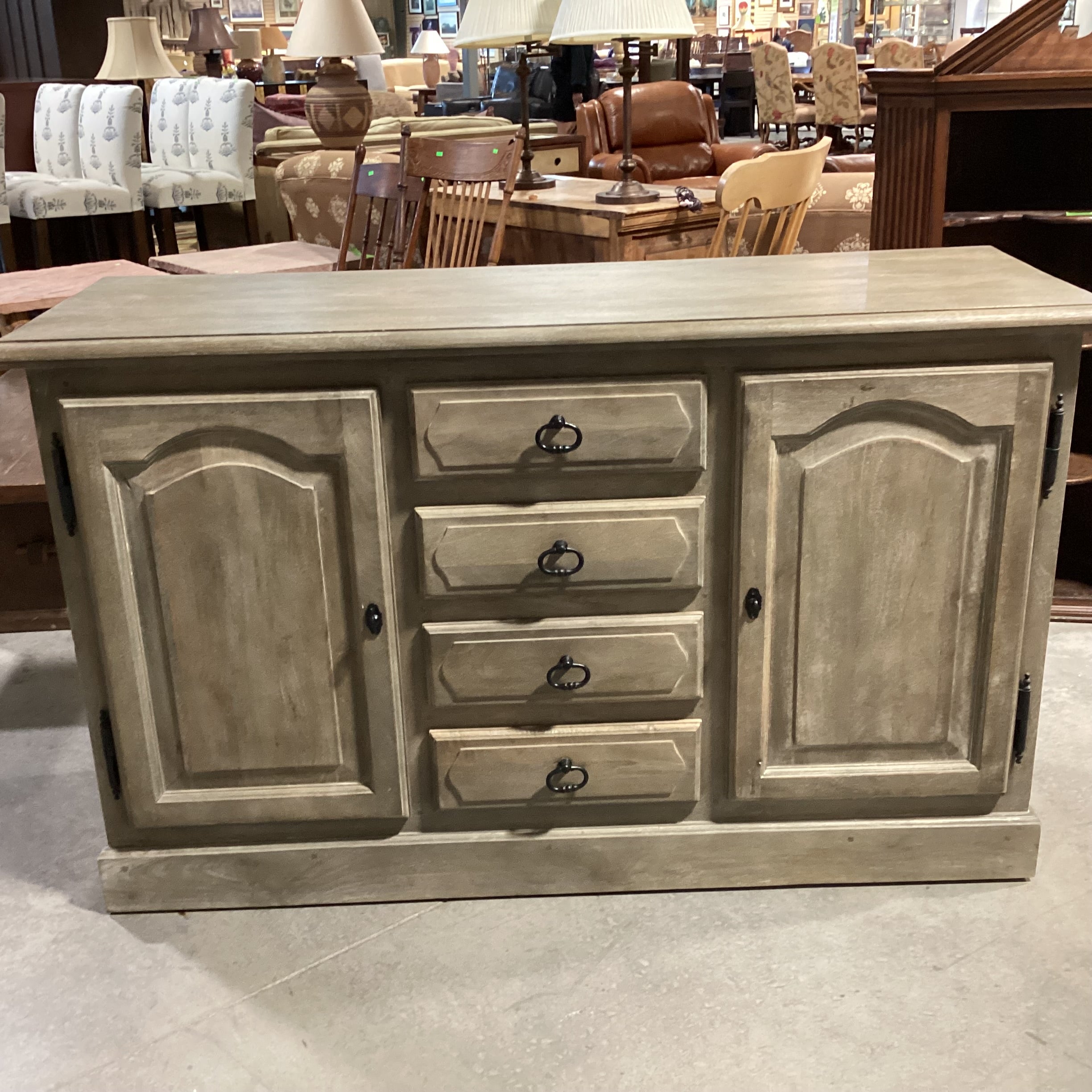 Pottery Barn Linden Grey Washed Mango Wood 2 Door 4 Drawer Buffet Sideboard 60"x 20"x 36"