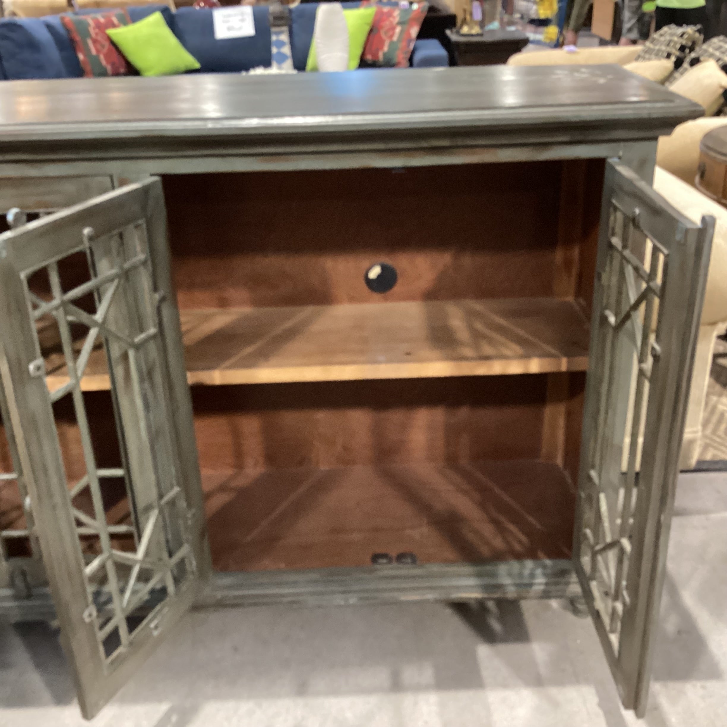 Green Washed Wood & Metal 4 Door with Shelves Console Credenza 71"x 18"x 42.5"