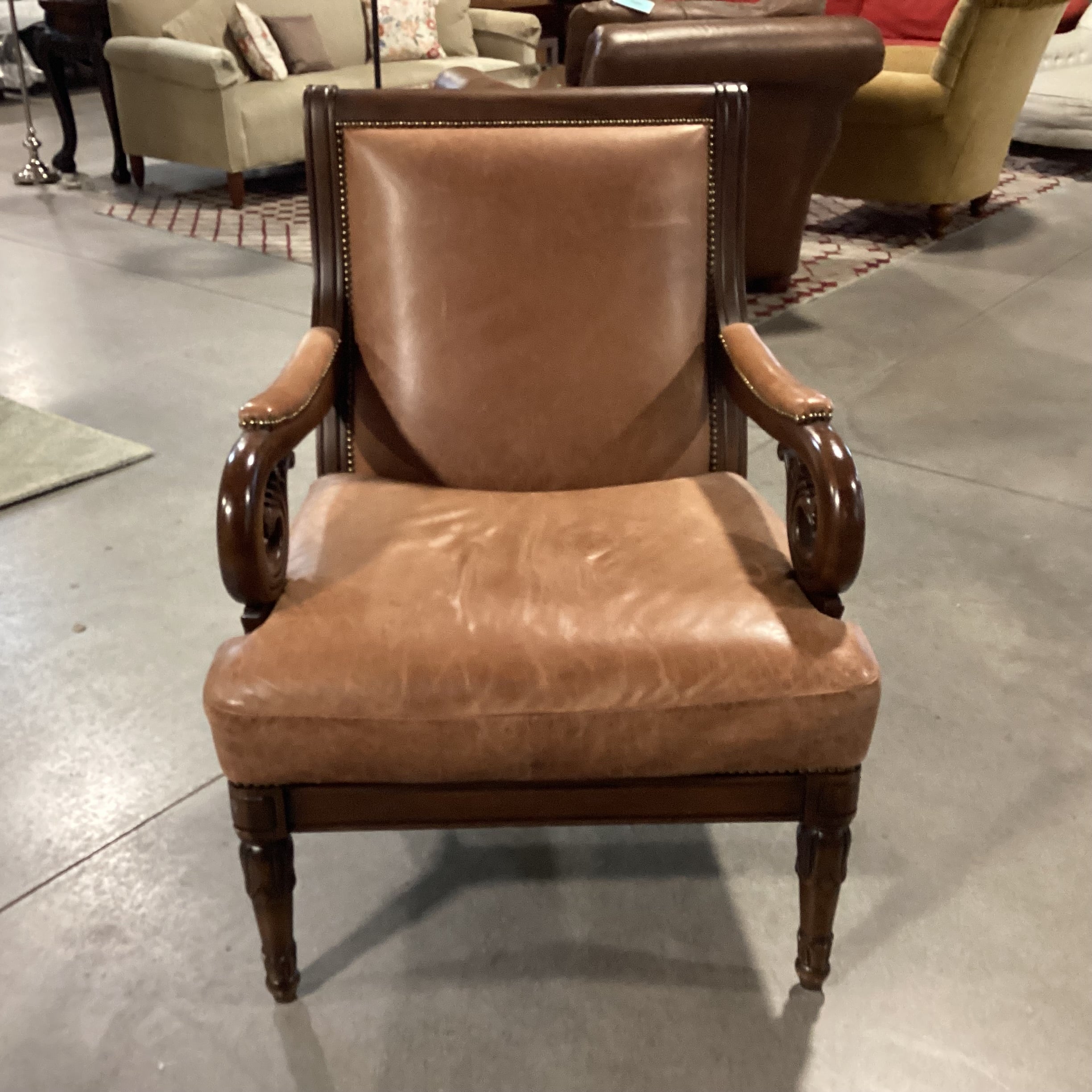 Carved Scroll Arm & Leather Nailhead Chair 29"x 33"x 39"