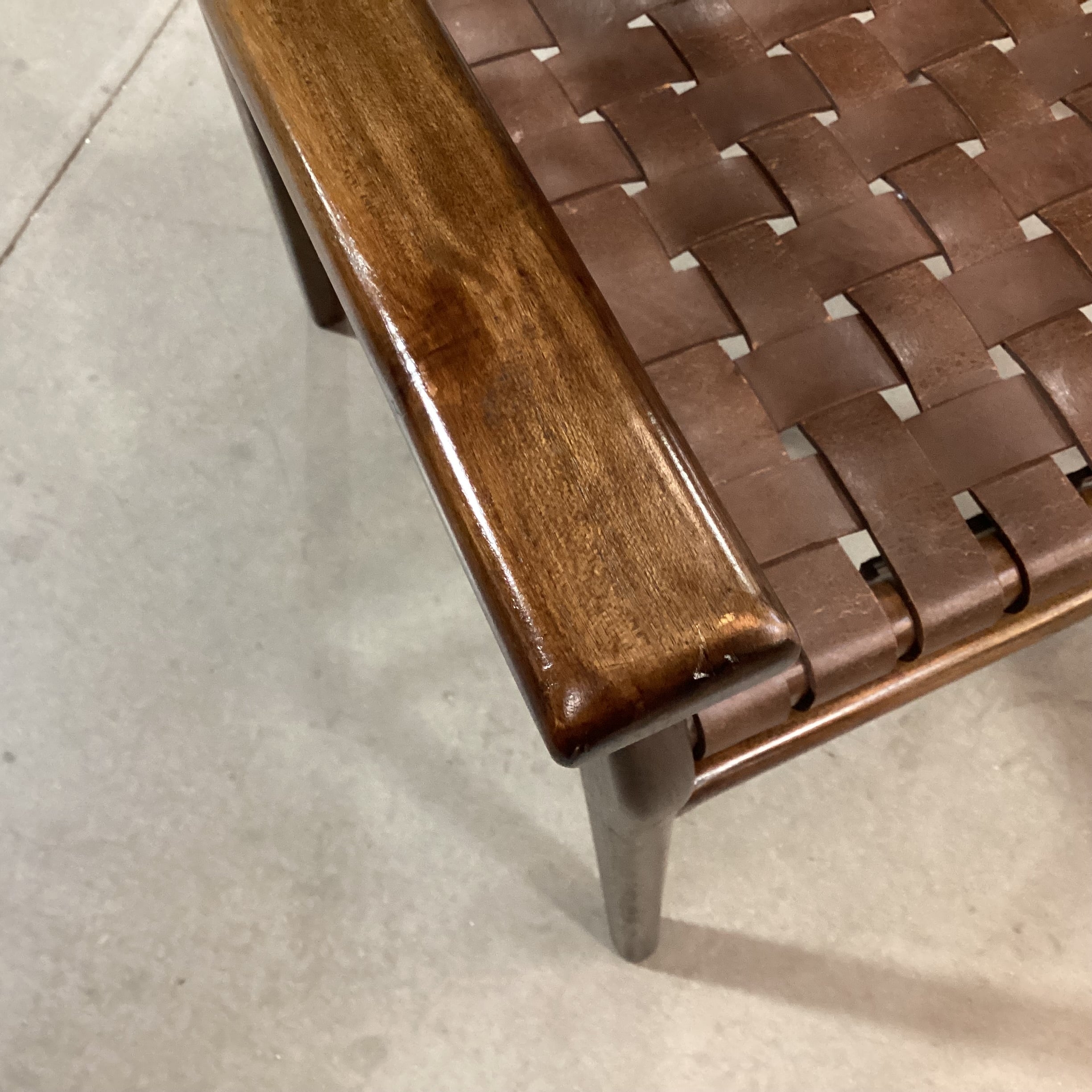 Mid Century Style Dark Finish Wood & Leather Basket Weave Chair 24"x 24"x 34"