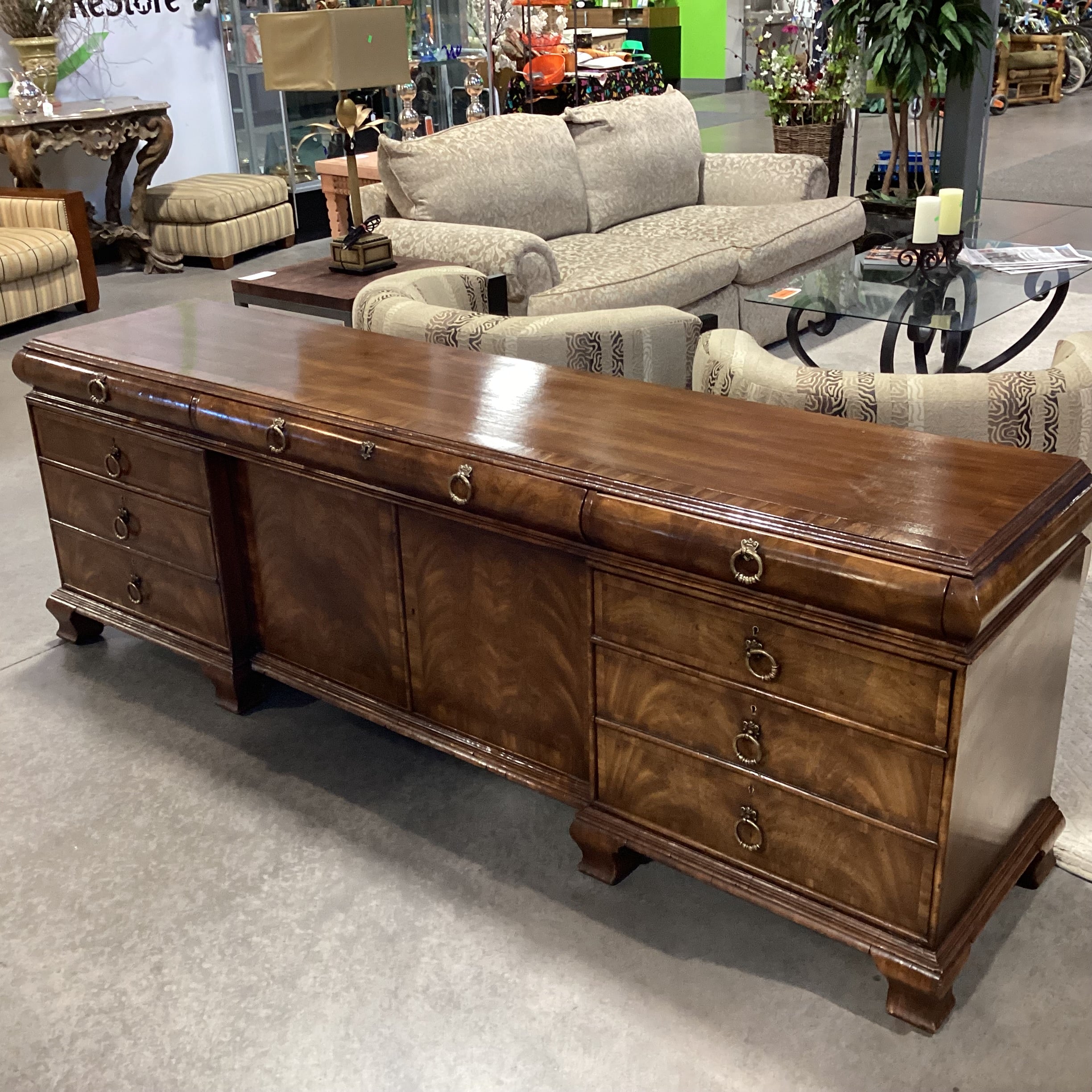 Alfonso Marina Ebanista Delaware Antiqued Primavera Wood & Brass 7 Drawer 2 Door Credenza 91.5"x 21"x 30.5"