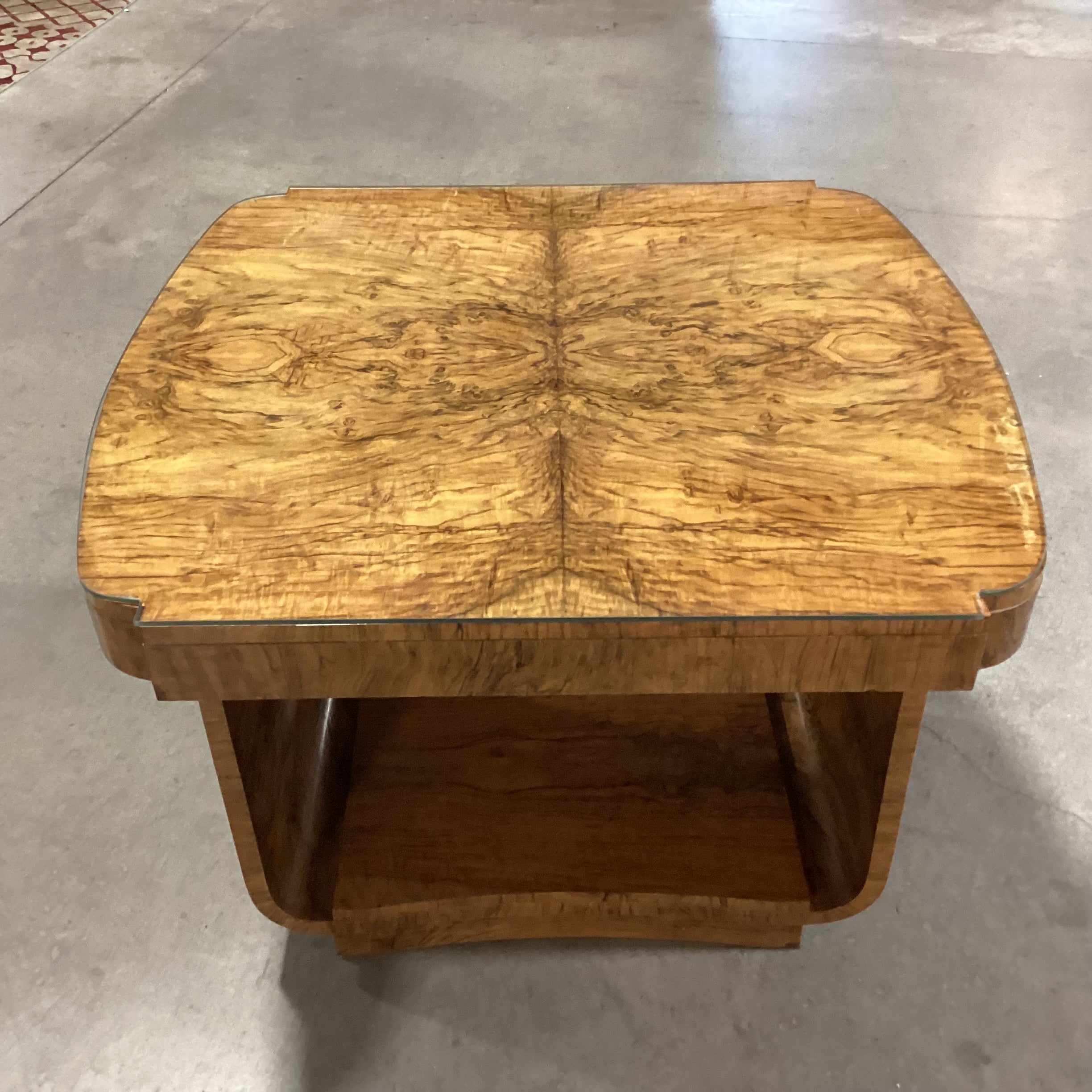 Vintage Art Deco Style Burl Maple Book Matched with Glass Top Accent Table 36"x 33"x 29.5"