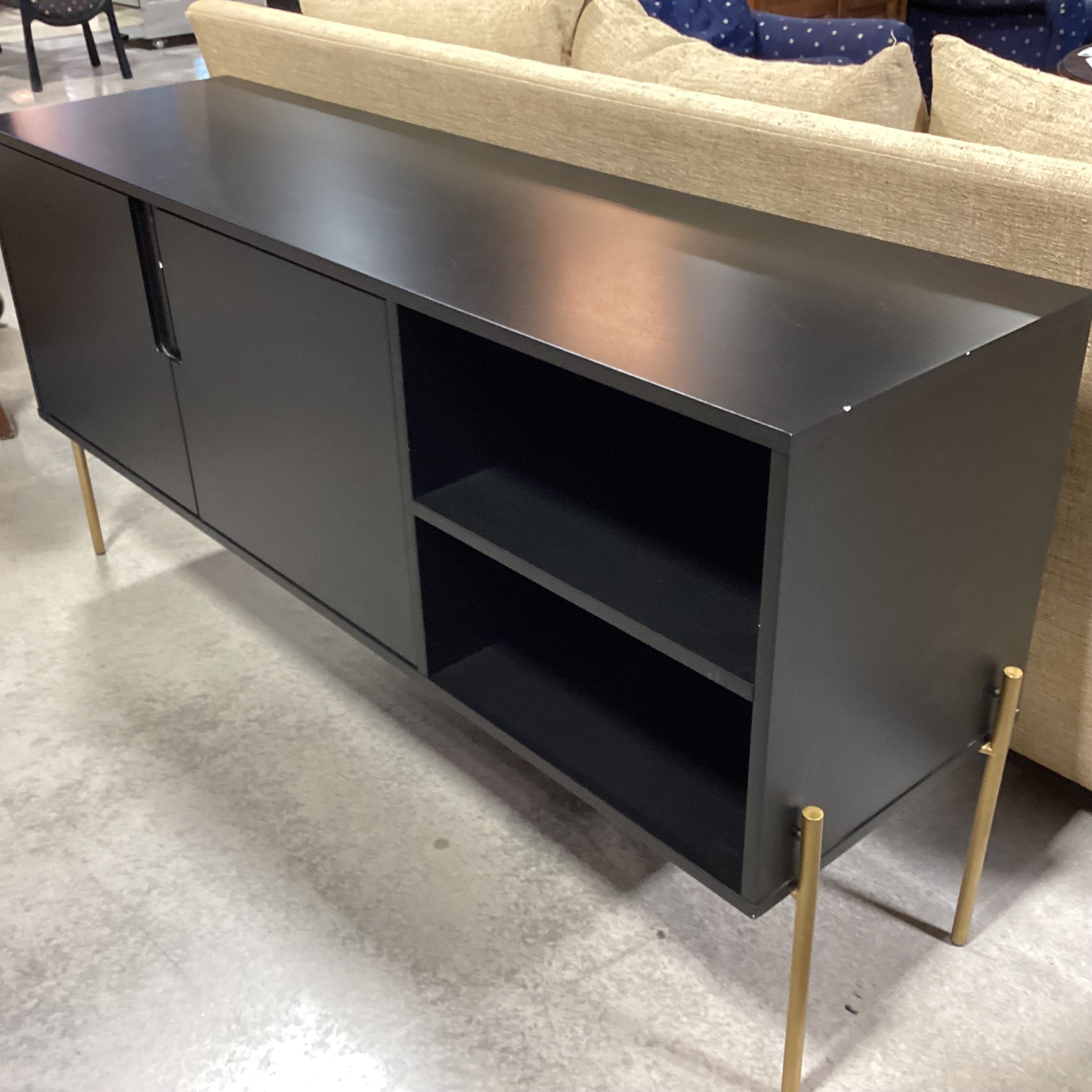 Black Laminate & Gold Legs 2 Door with Shelves Console Credenza 65"x 18"x 31.5"