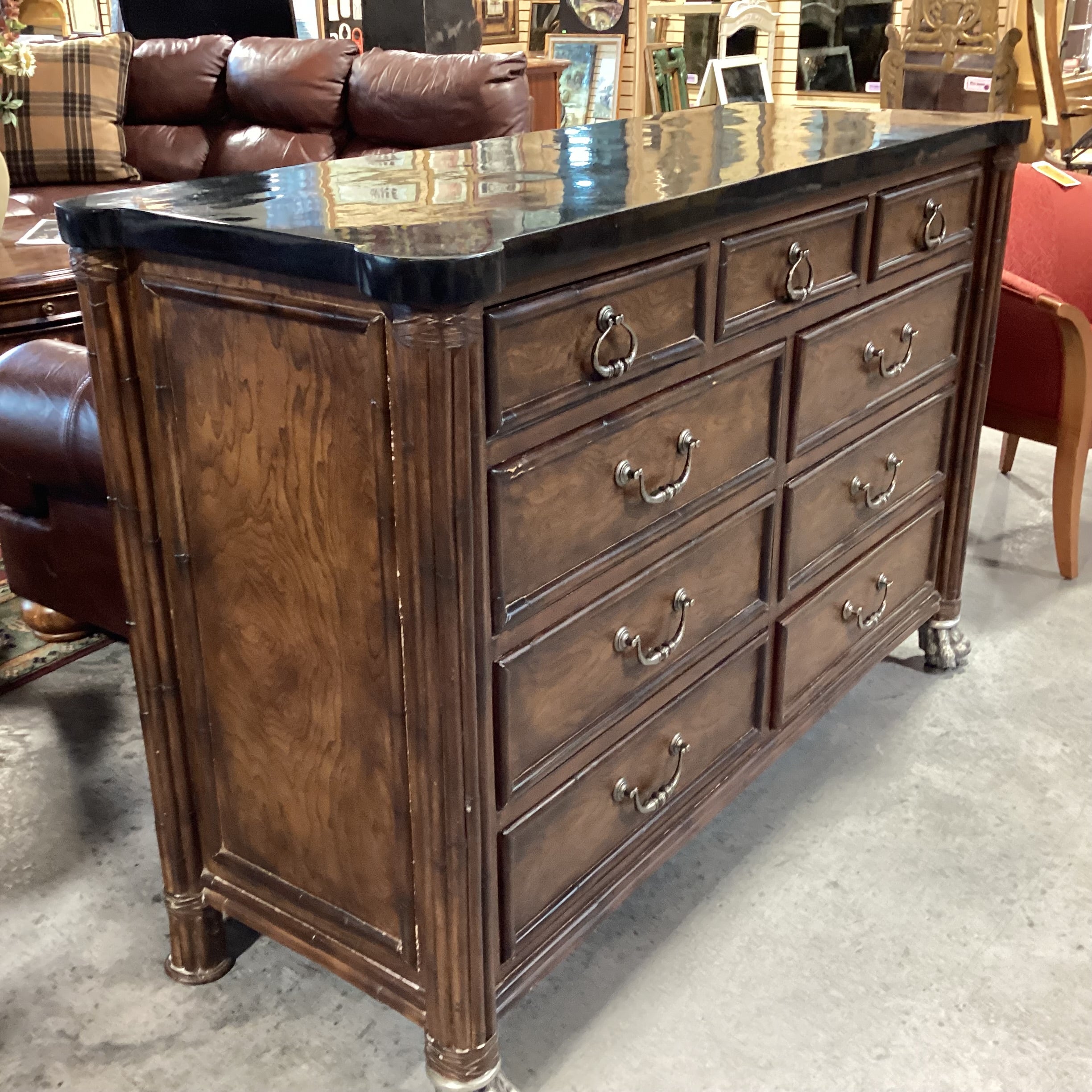 Thomasville Ernest Hemingway Collection Dark Finished Wood Black Faux Stone & Clawfoot Feet 9 Drawer Dresser 60"x 22"x 40"