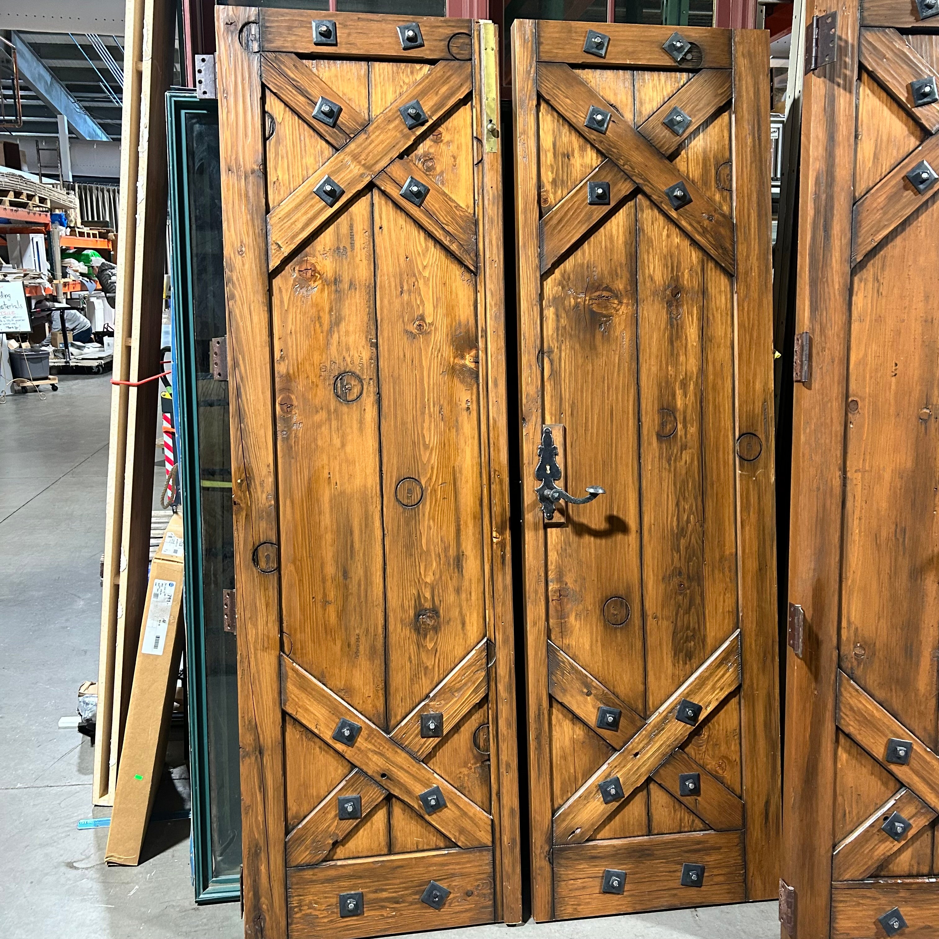 25.5"x 86.5"x 2" PAIR of Rustic Pine Closet Doors with Iron Hardware Accents