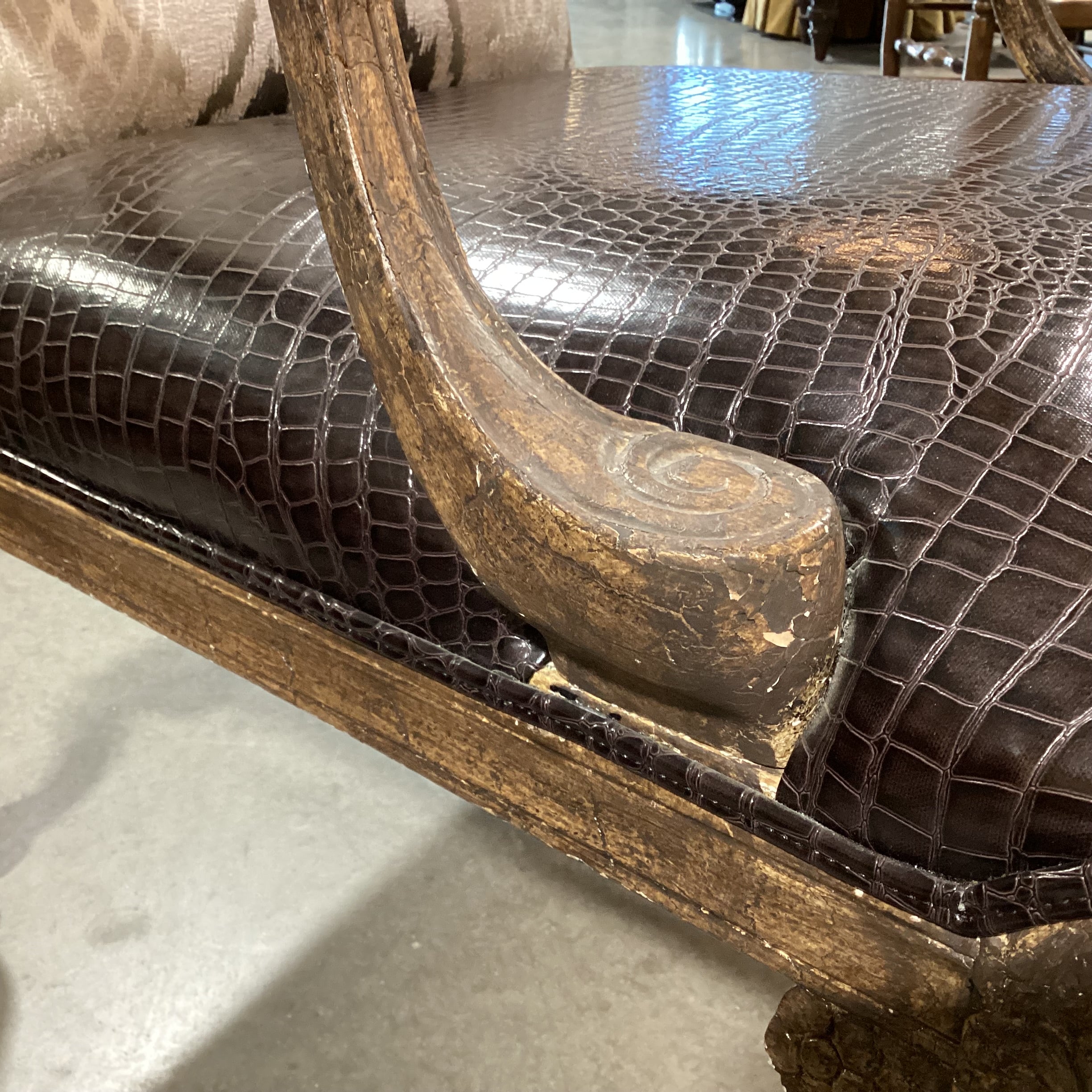 ARA Collection Croc Style Leather Raised Ivory Velvet & Brown Metallic Woven with Crackle Finish Claw & Ball Carved Wood Chair 29"x 32"x 39"