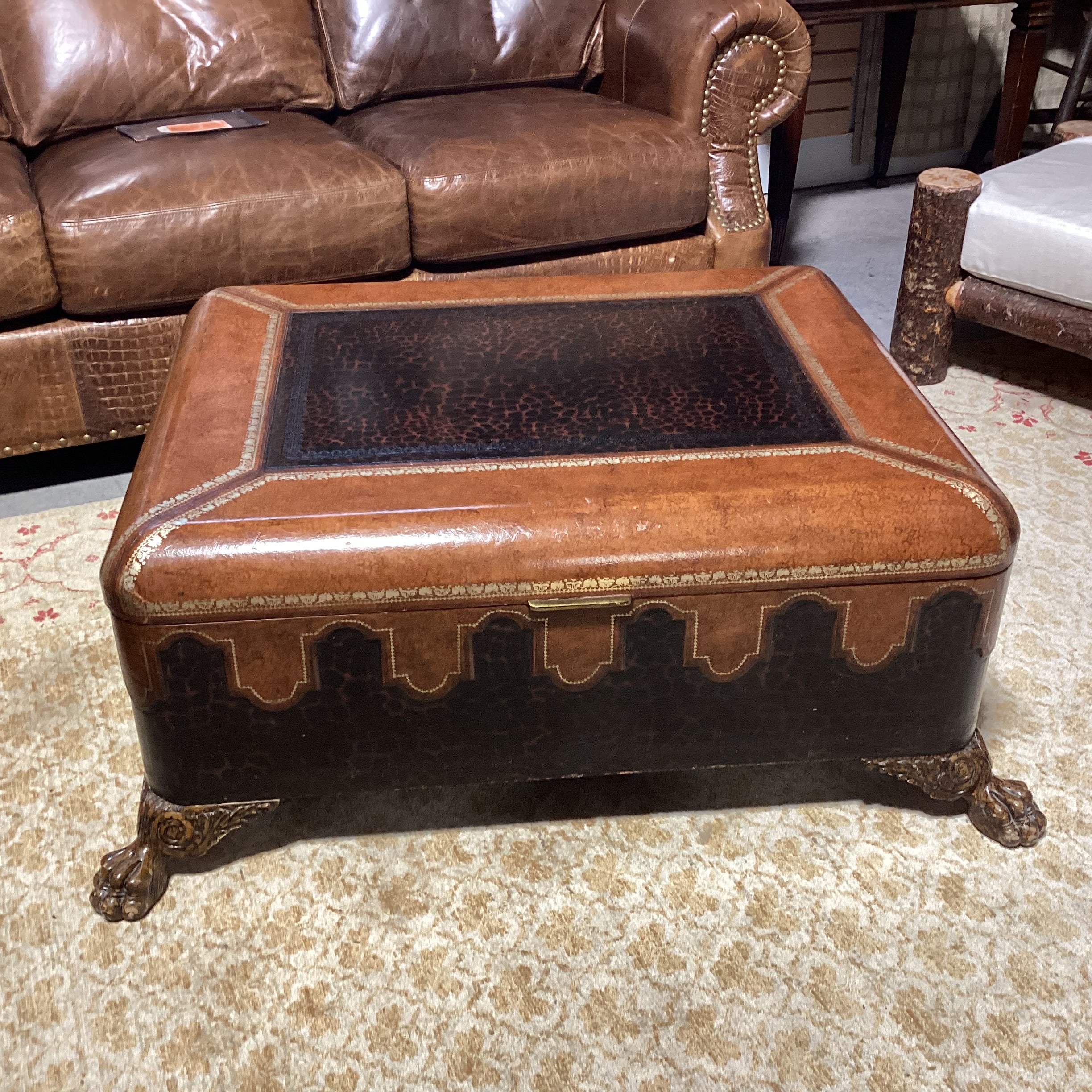 Maitland Smith Leather with Gold Stamping & Carved Clawfoot Trunk 44"x 35"x 18"